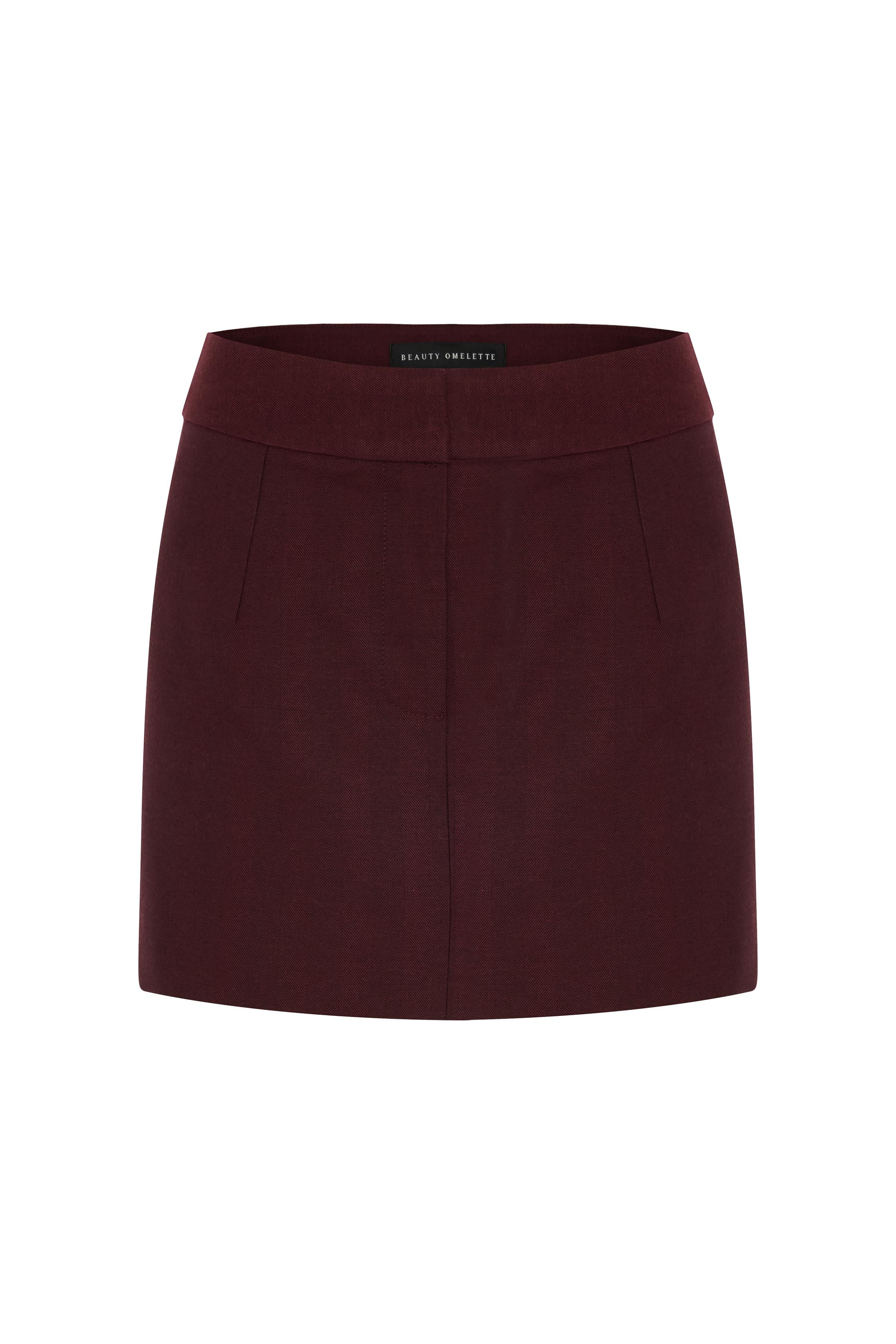 Bordo Balıksırtı Yünlü Mini Etek