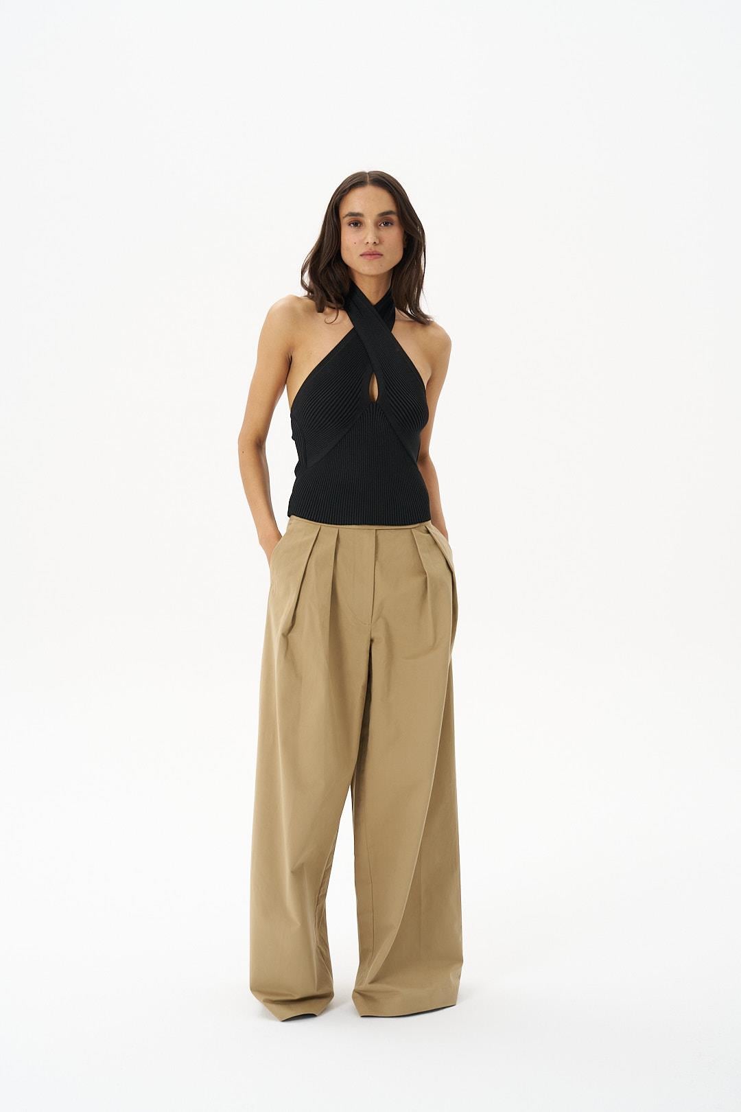 Camel Gabardin Palazzo Pantolon