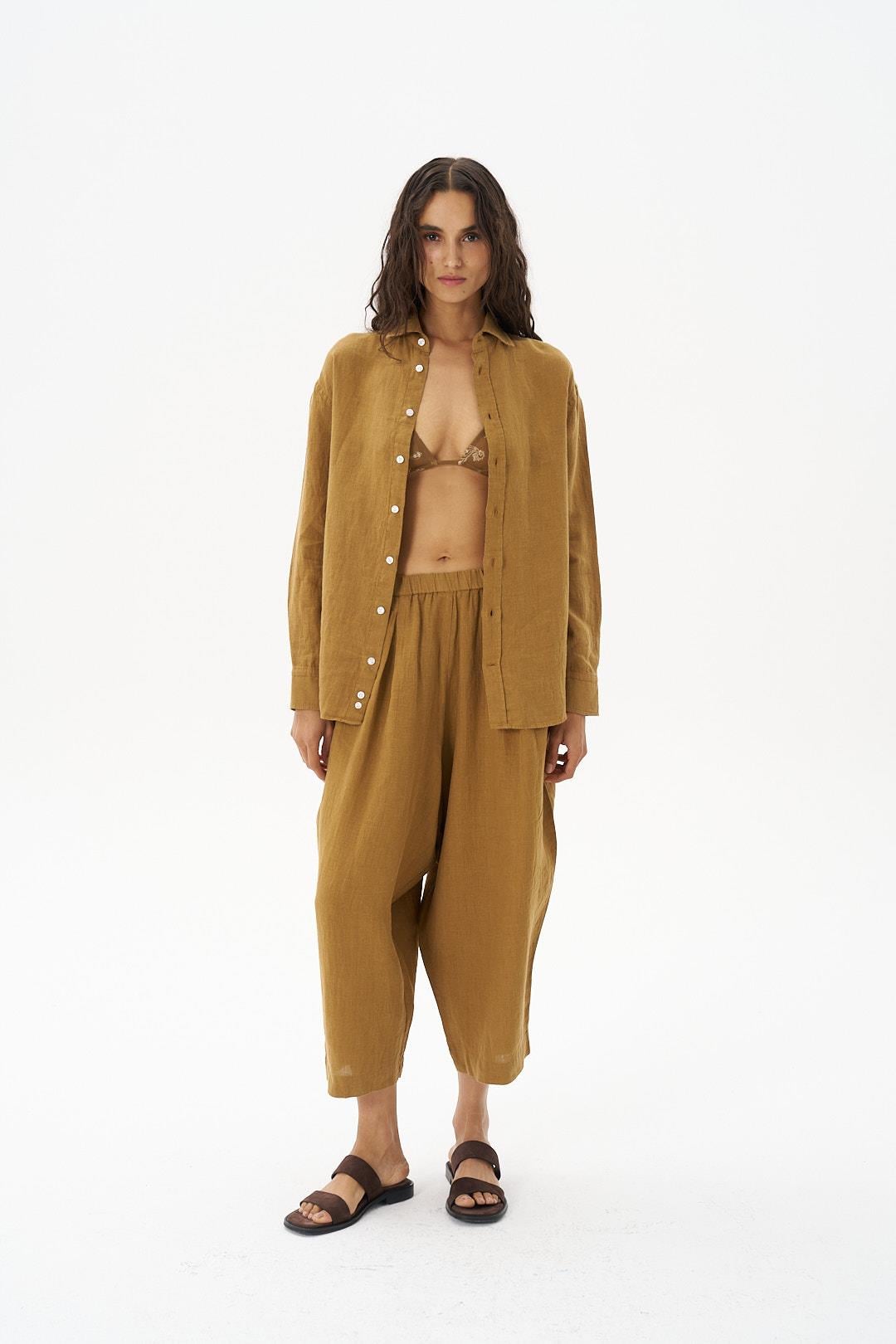 Camel Keten Şalvar Kesim Pantolon
