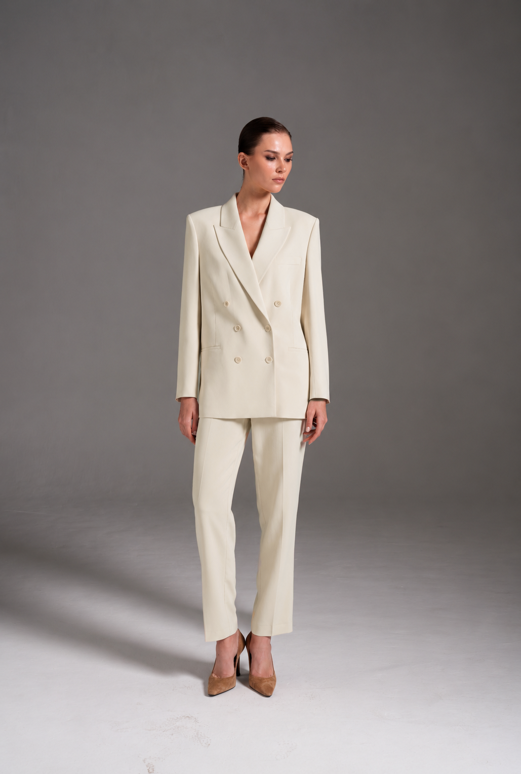 Ekru Vatkalı Kruvaze Blazer