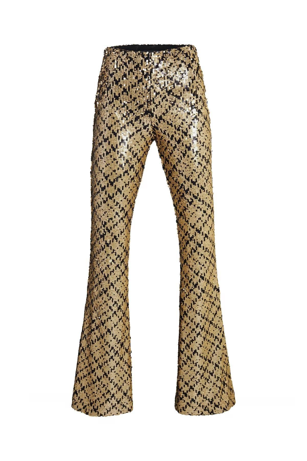 Gold Çift Renkli Payetli Flare Pantolon - Exclusive Collection