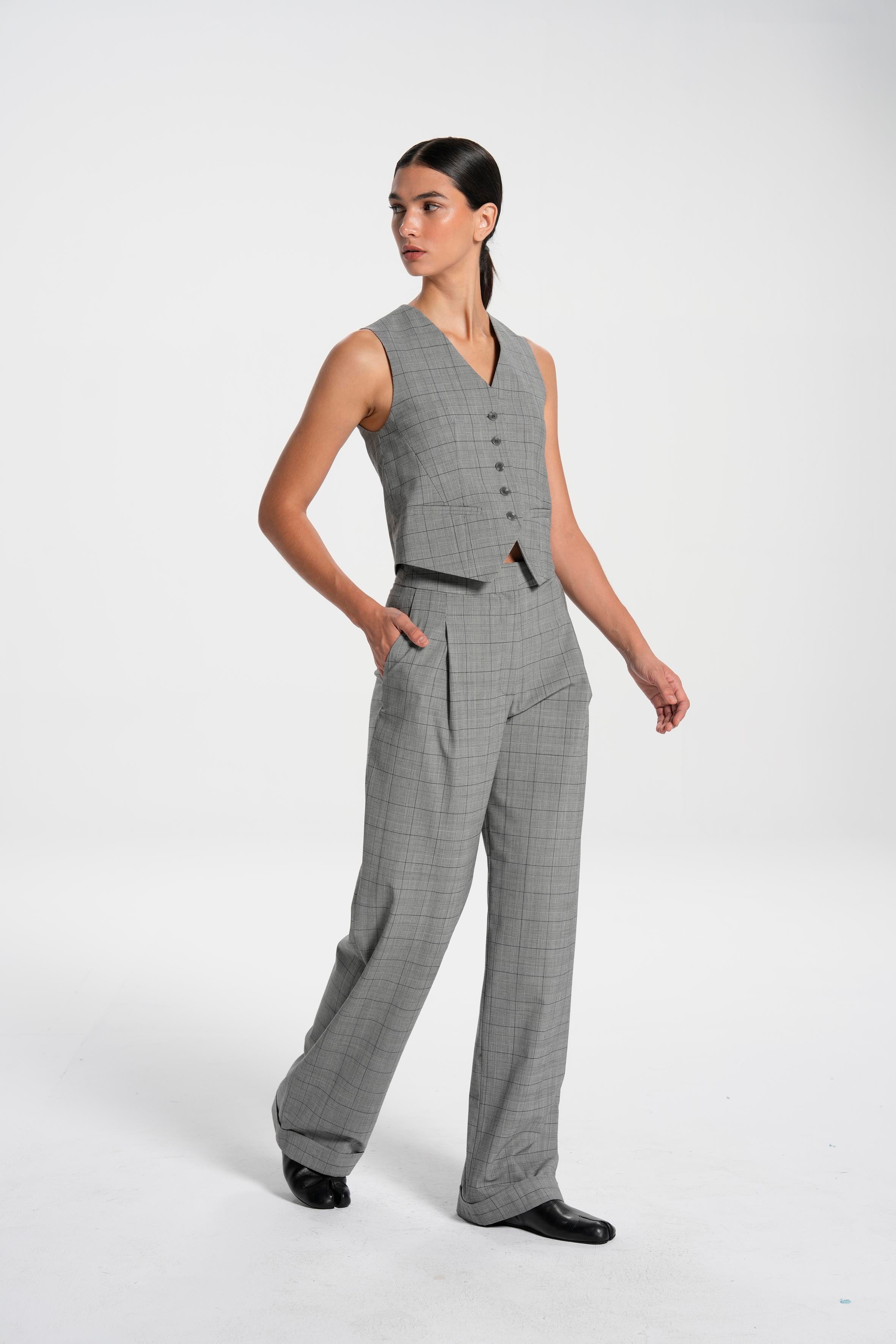 Gri Kareli Duble Paça Yünlü Bol Pantolon