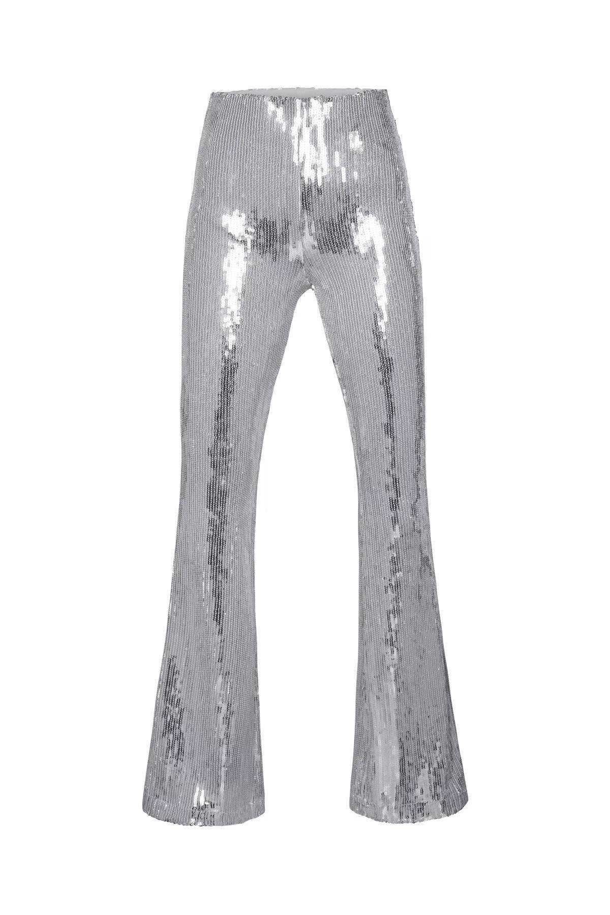 Gümüş Payetli Flare Pantolon - Exclusive Collection