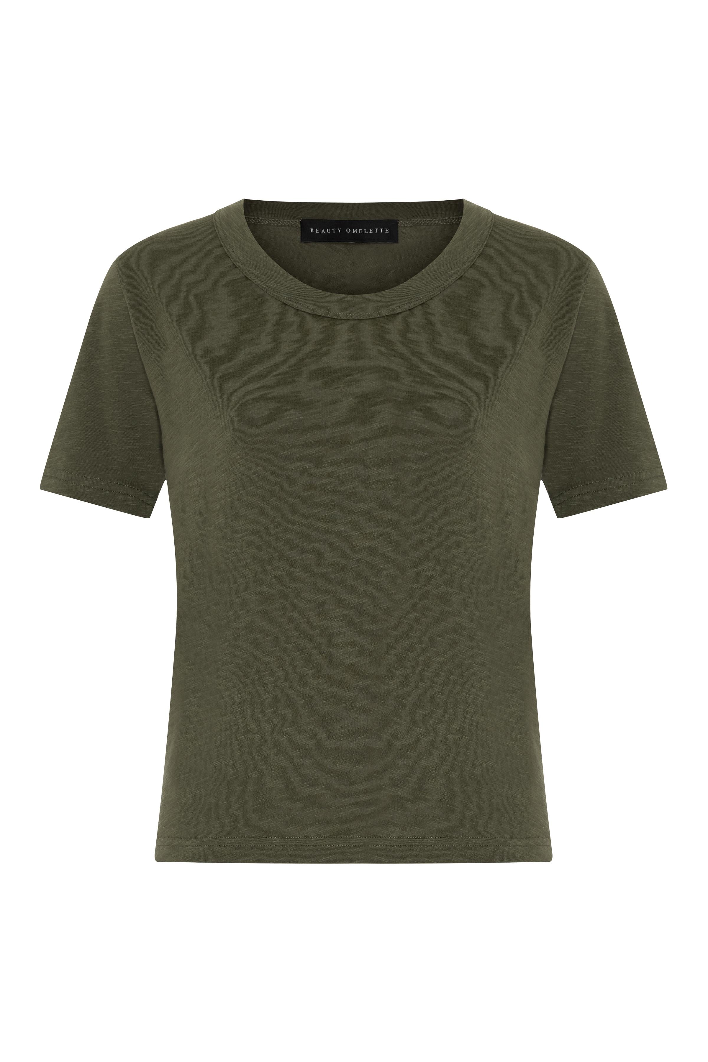 Haki Bisiklet Yaka Flamlı Kısa Kol Tshirt