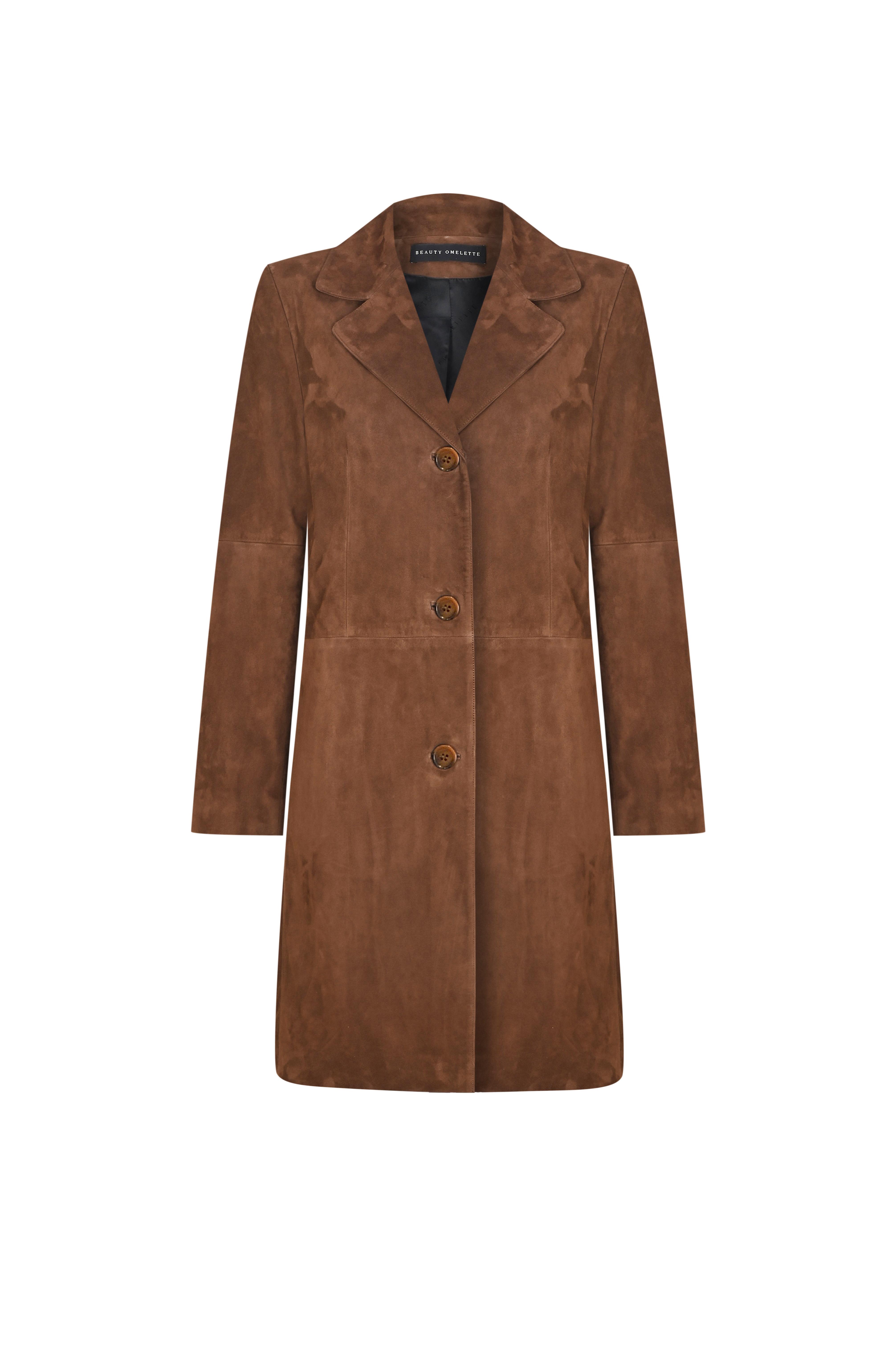 Kahverengi Düz Kesim Midi Süet Trenchcoat