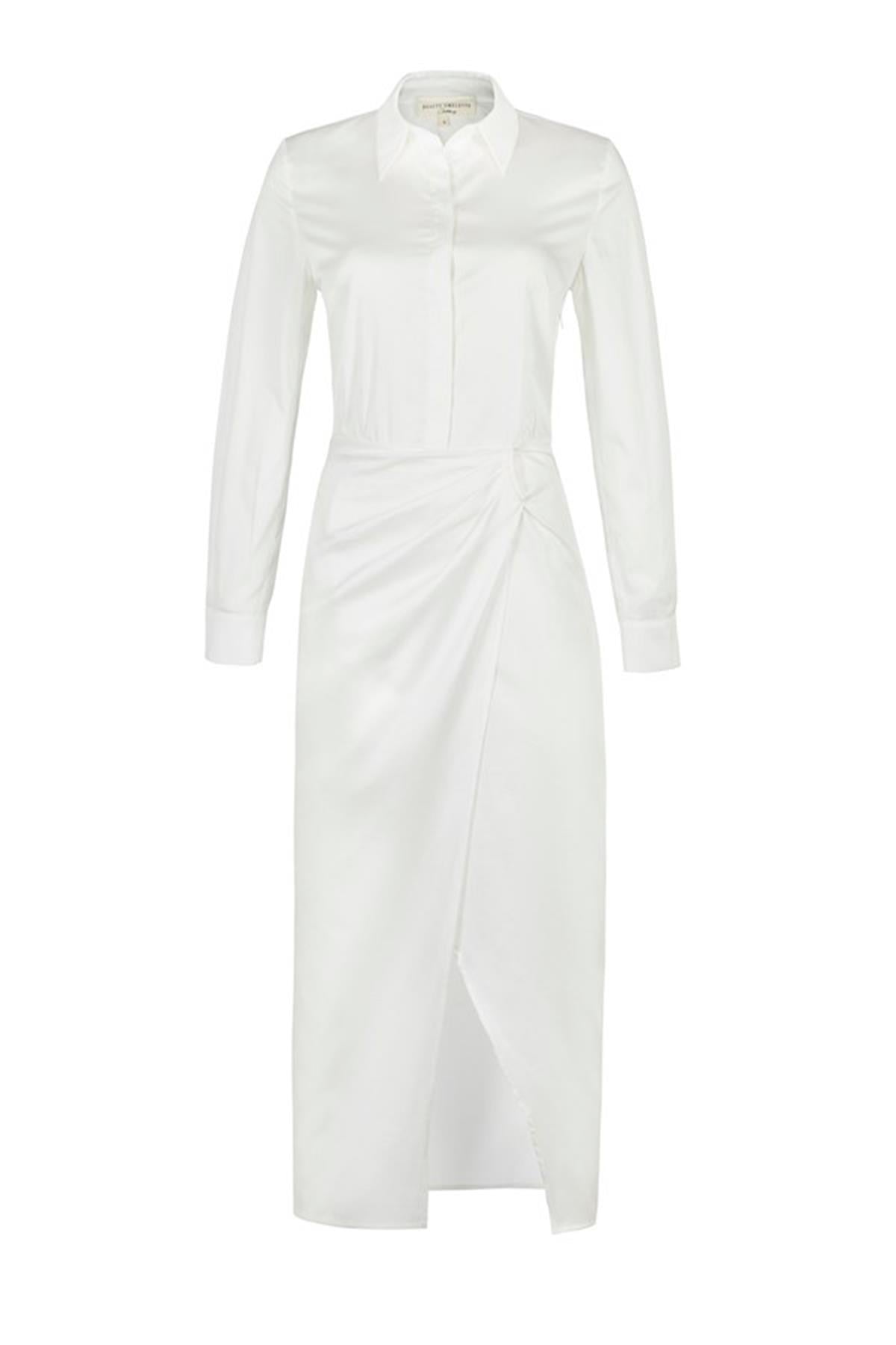 Kırık Beyaz Drapeli Poplin Gömlek Elbise