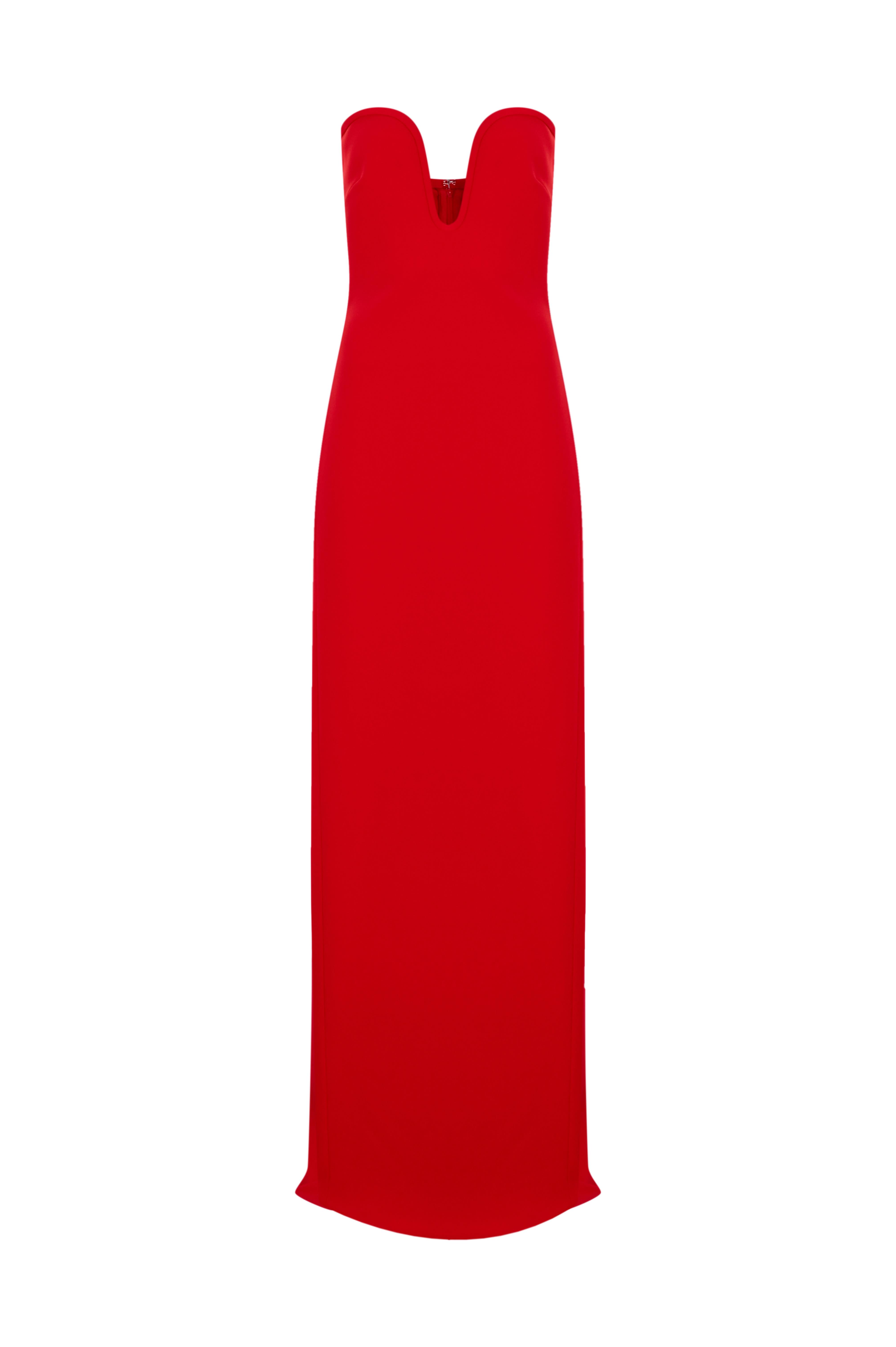 Kırmızı Derin Kalp Yaka Straplez Uzun Krep Elbise