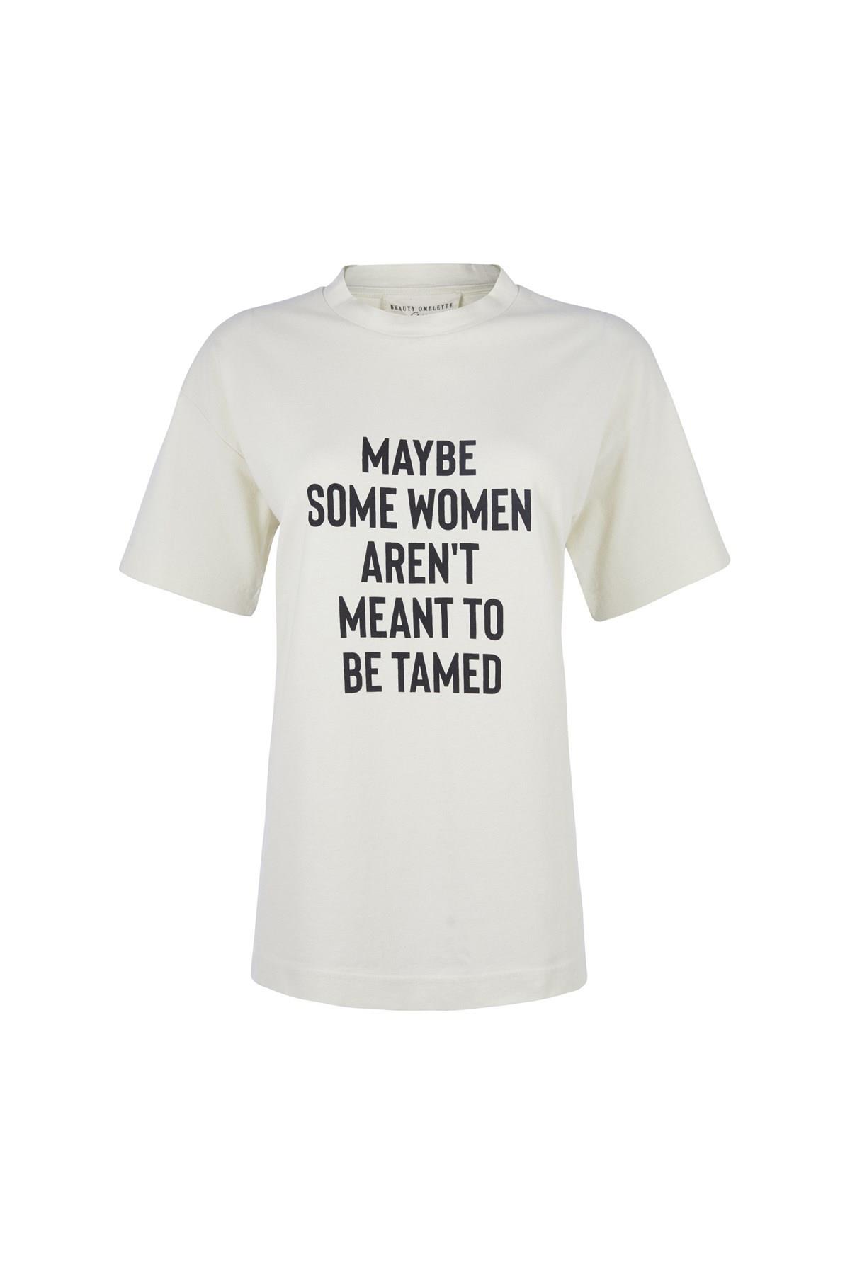 Krem Motto Baskılı Oversize Tshirt