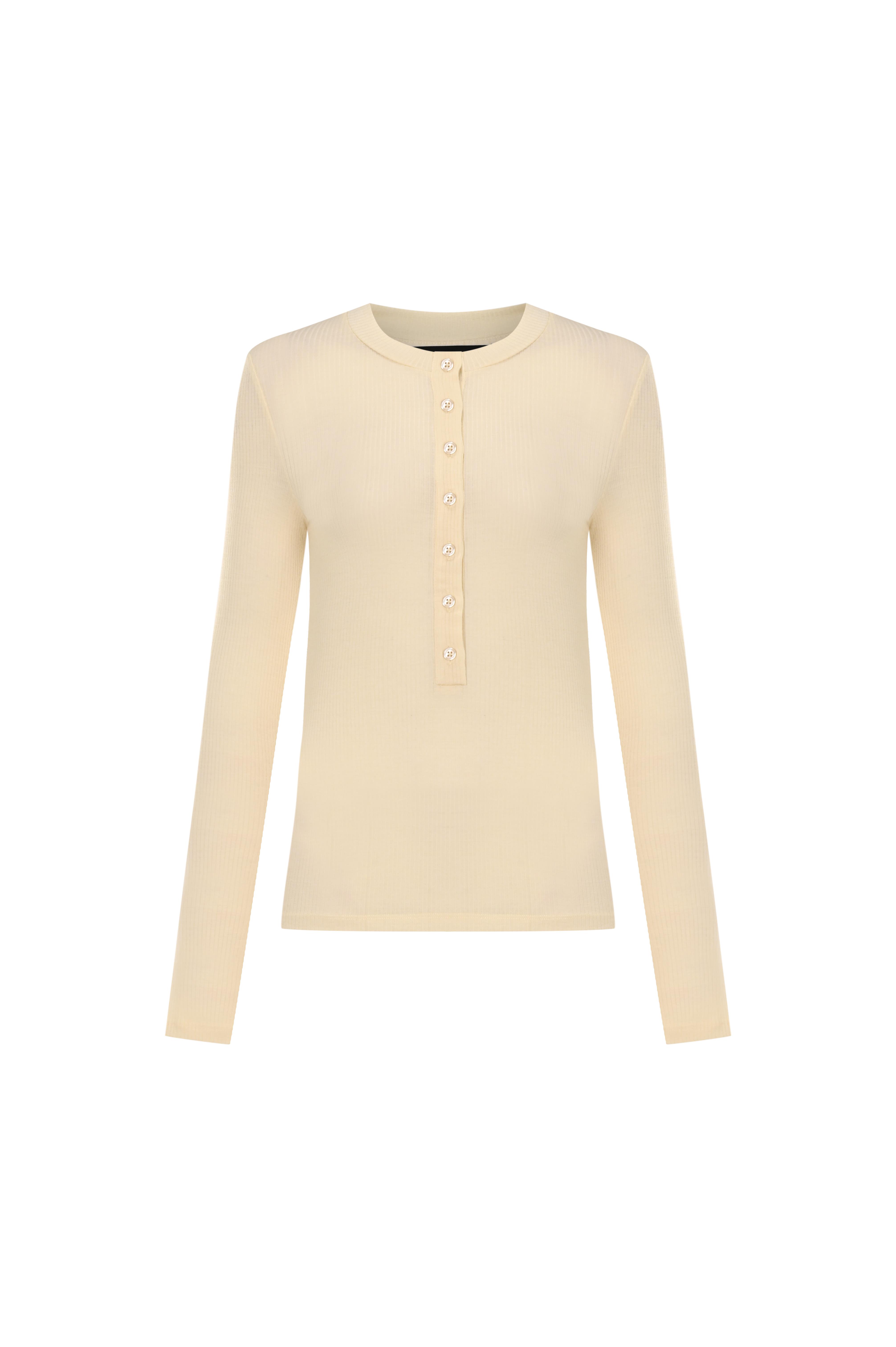 Krem Yünlü Patlı Uzun Kol Tshirt