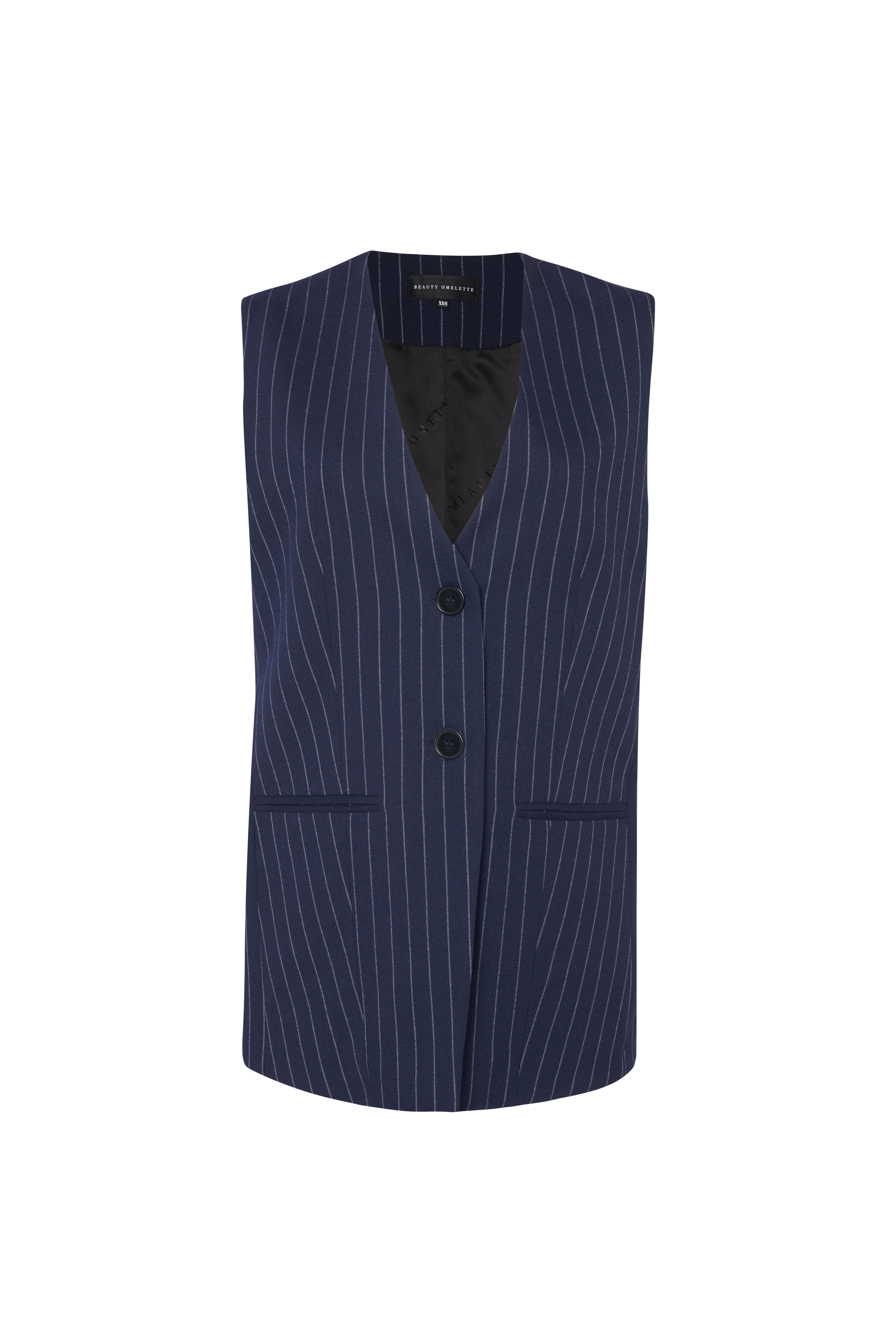 Lacivert Pinstripe Yünlü Daddy Vest