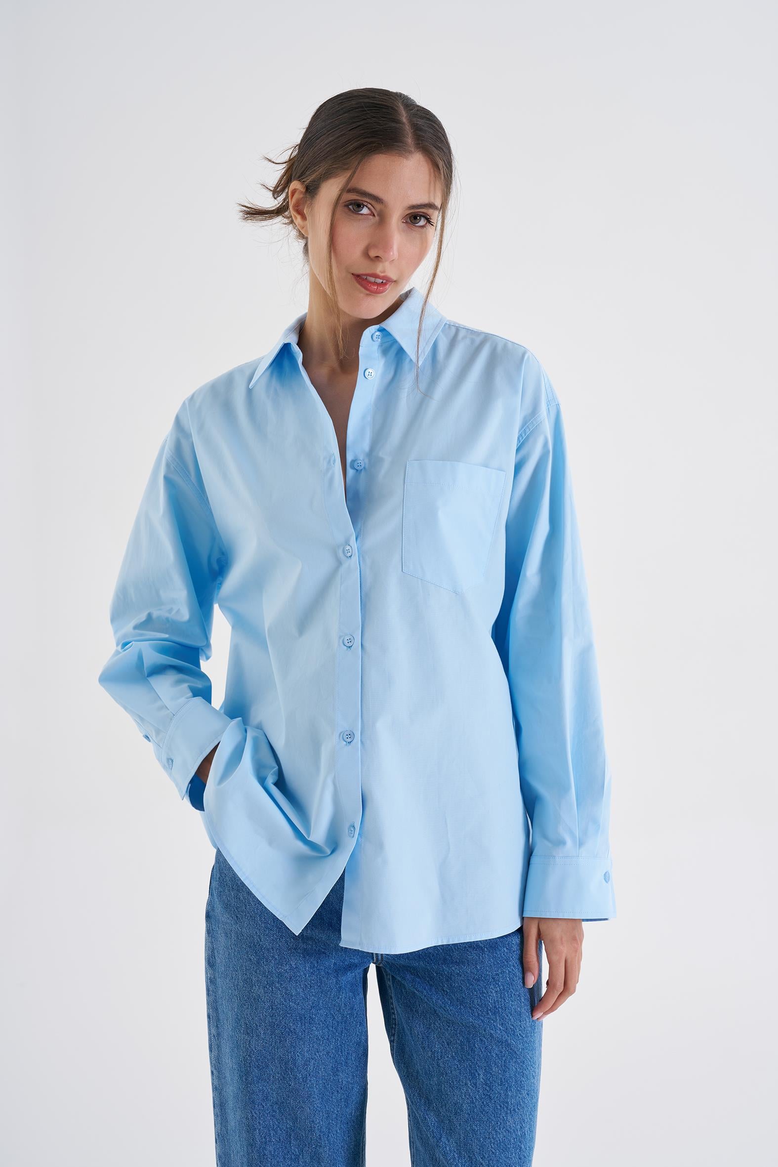 Mavi Oversize Poplin Gömlek