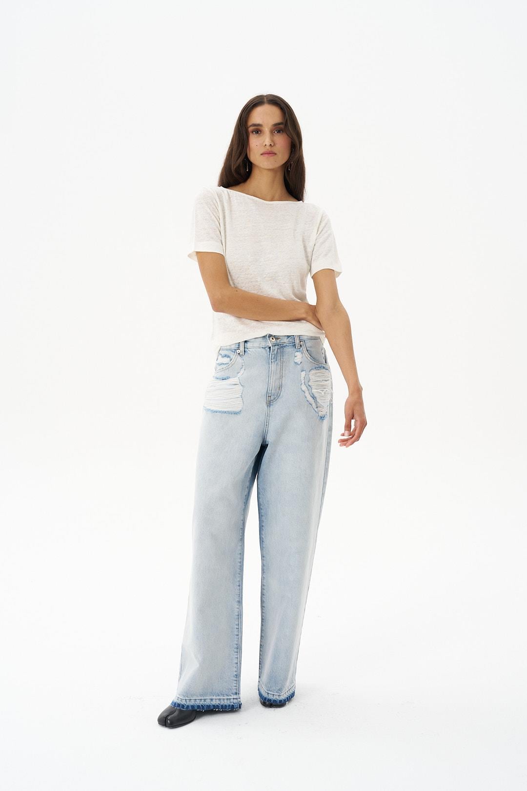 Mavi Yıpratmalı Wide Leg Jean