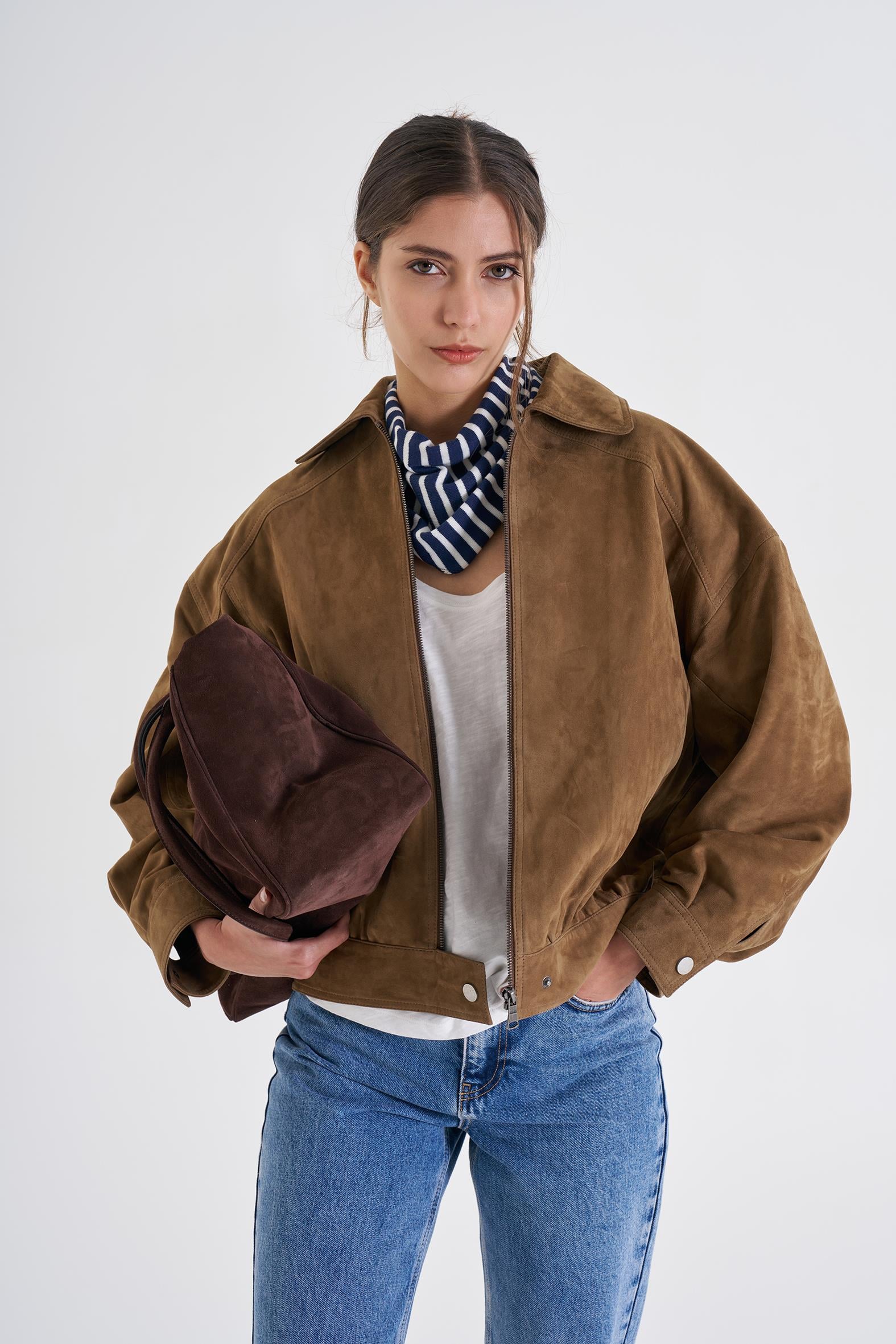 Olive Oversize Bomber Süet Ceket