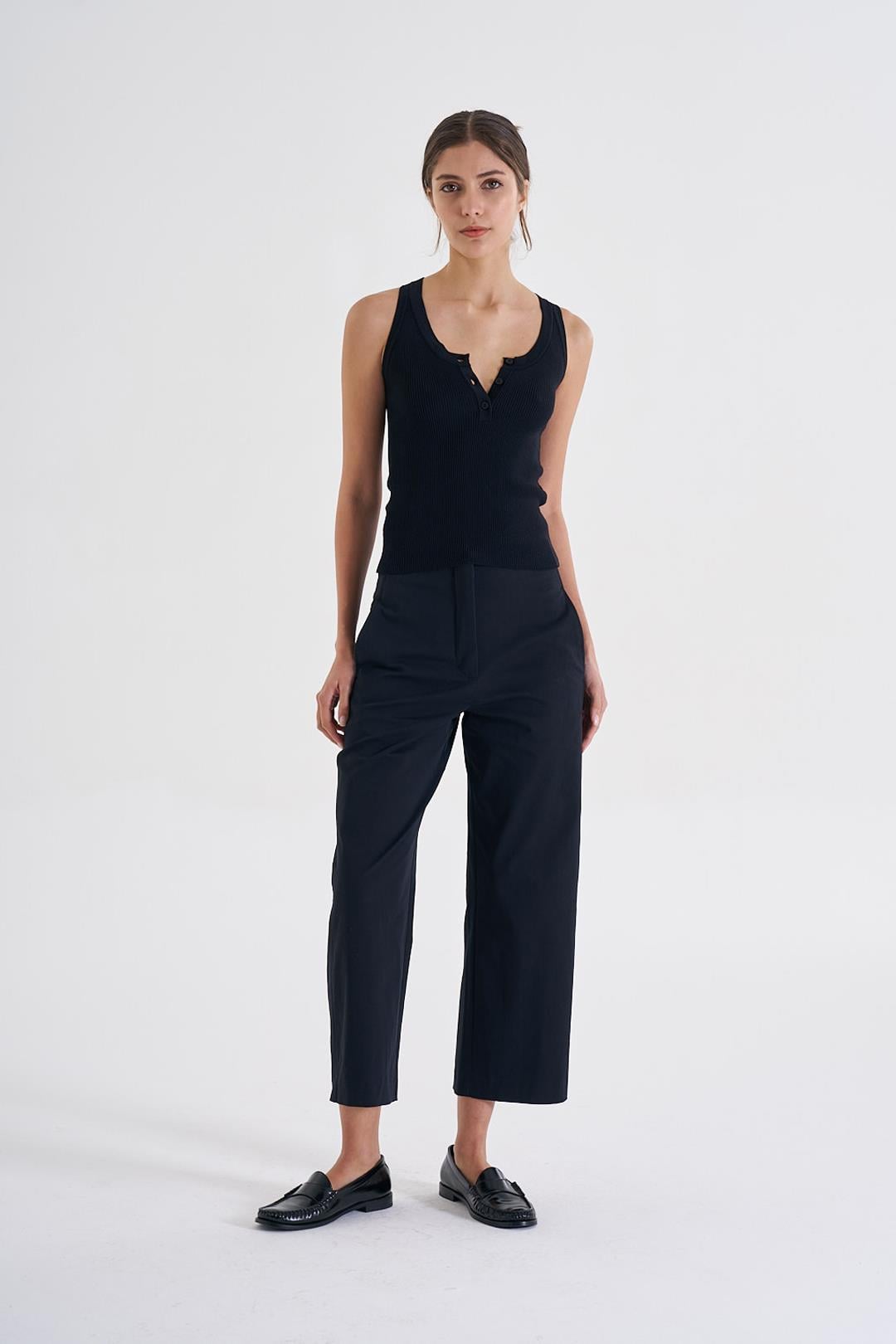 Siyah Gabardin Kavisli Cropped Pantolon