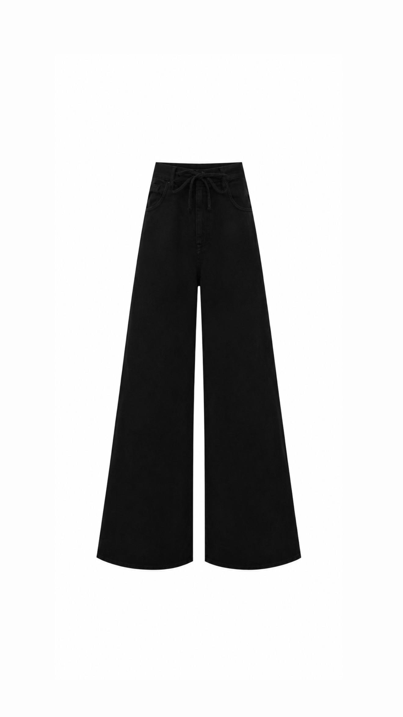 Siyah Kordonlu Wide Leg Jean