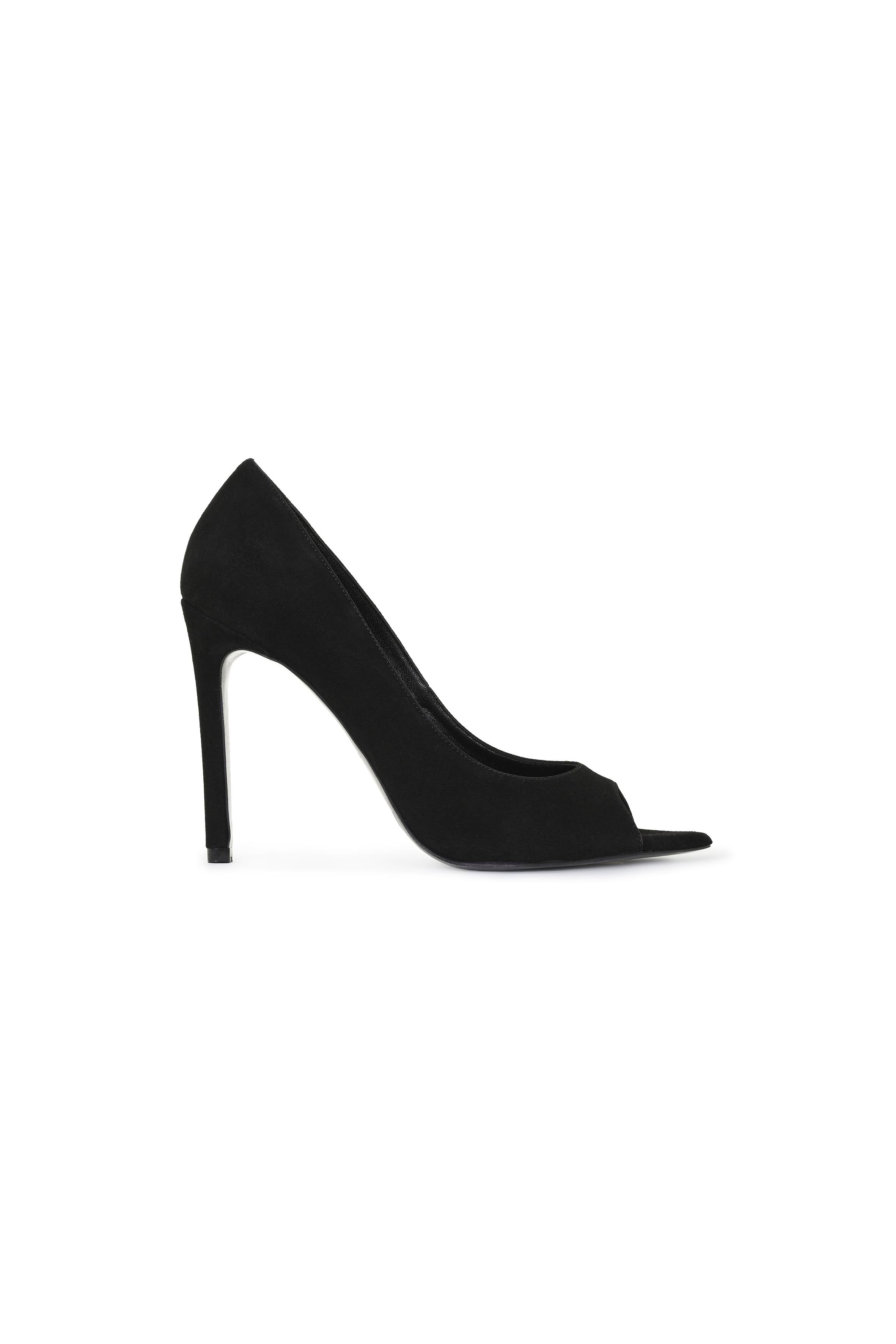 Siyah Sivri Burun Önü Açık Süet Stiletto