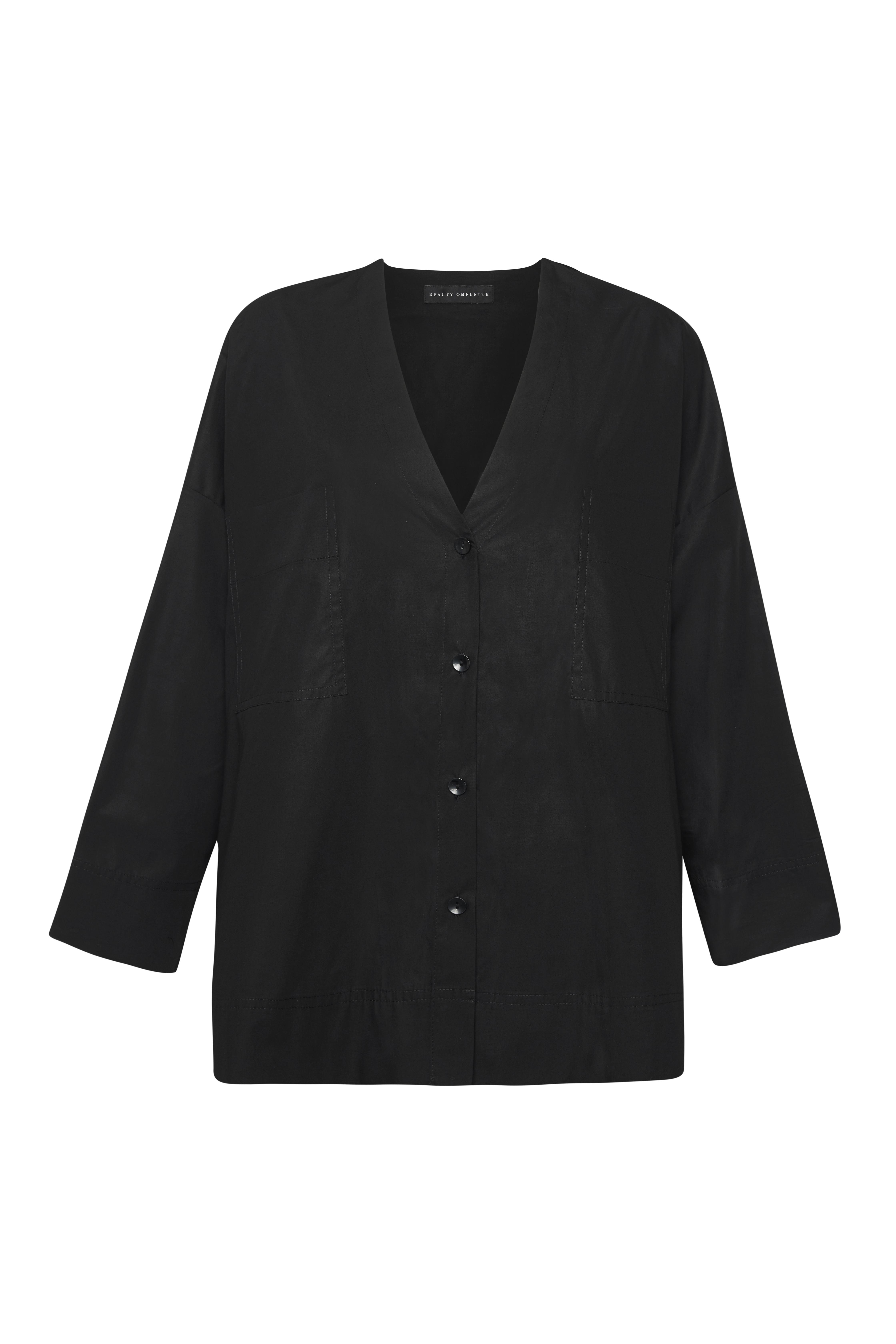 Siyah V Yaka Oversize Koton Gömlek