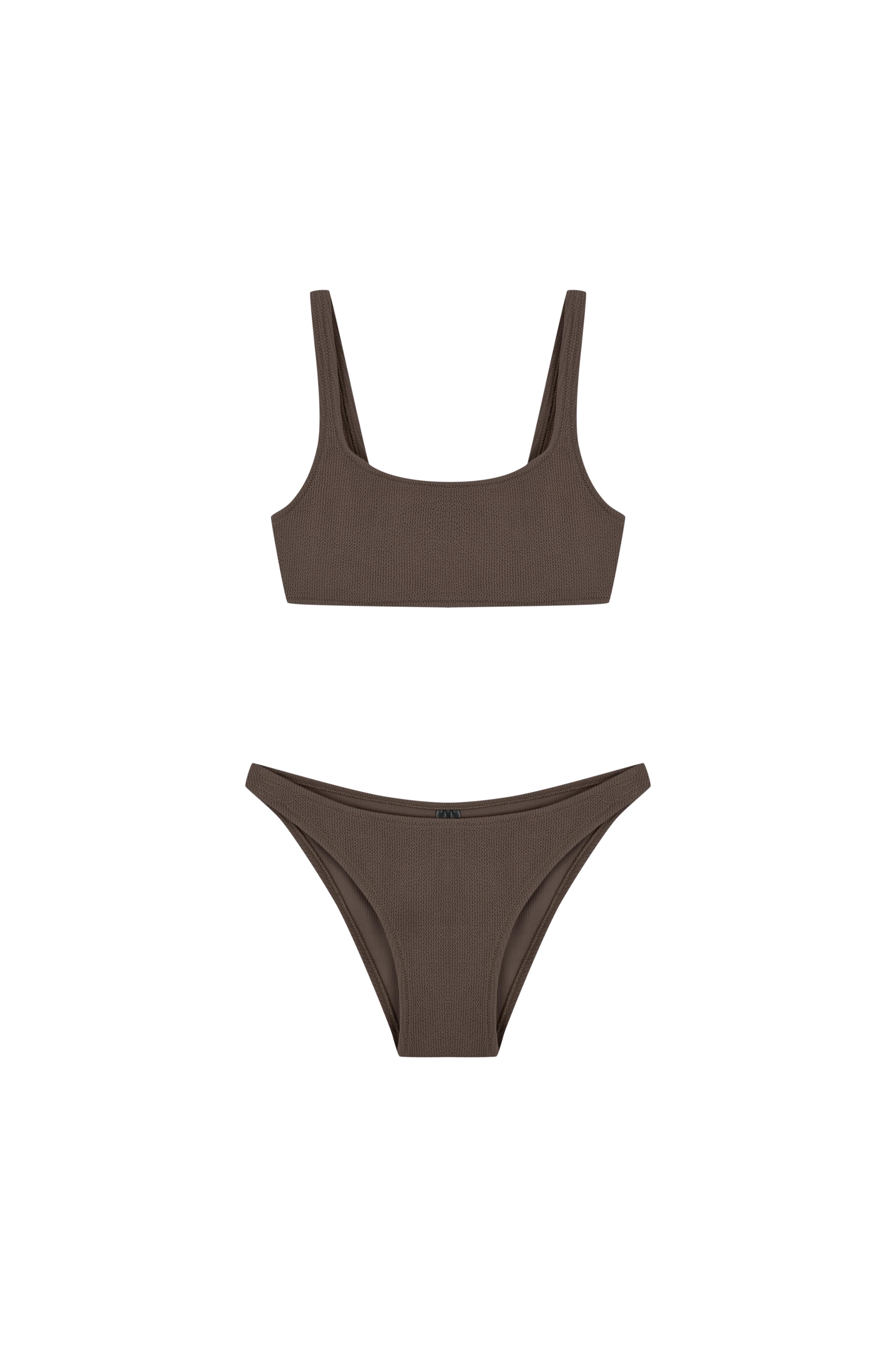Açık Kahverengi Ribana Kare Yaka Bikini
