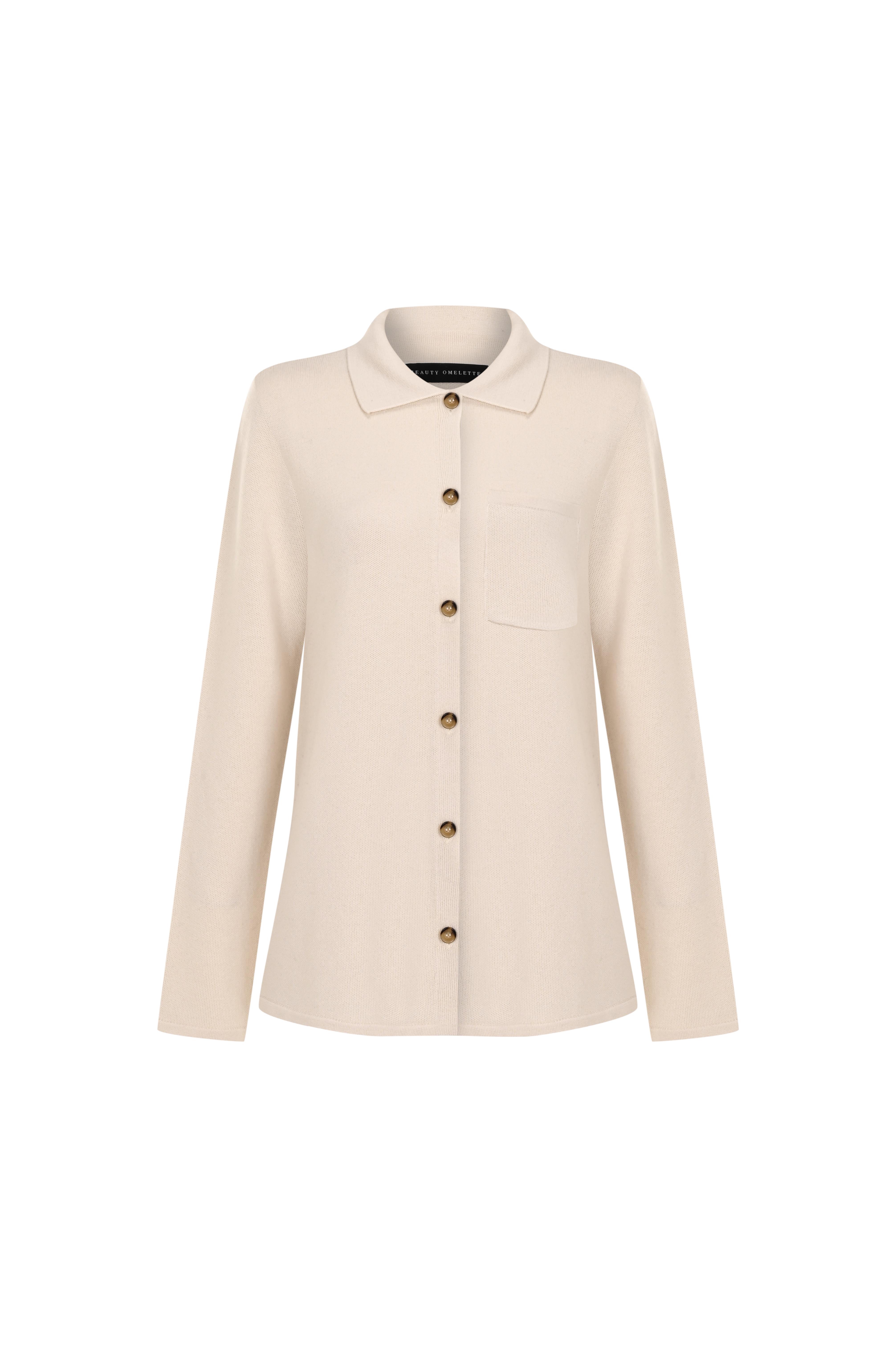 Bej Cep Detaylı Yünlü Triko Gömlek