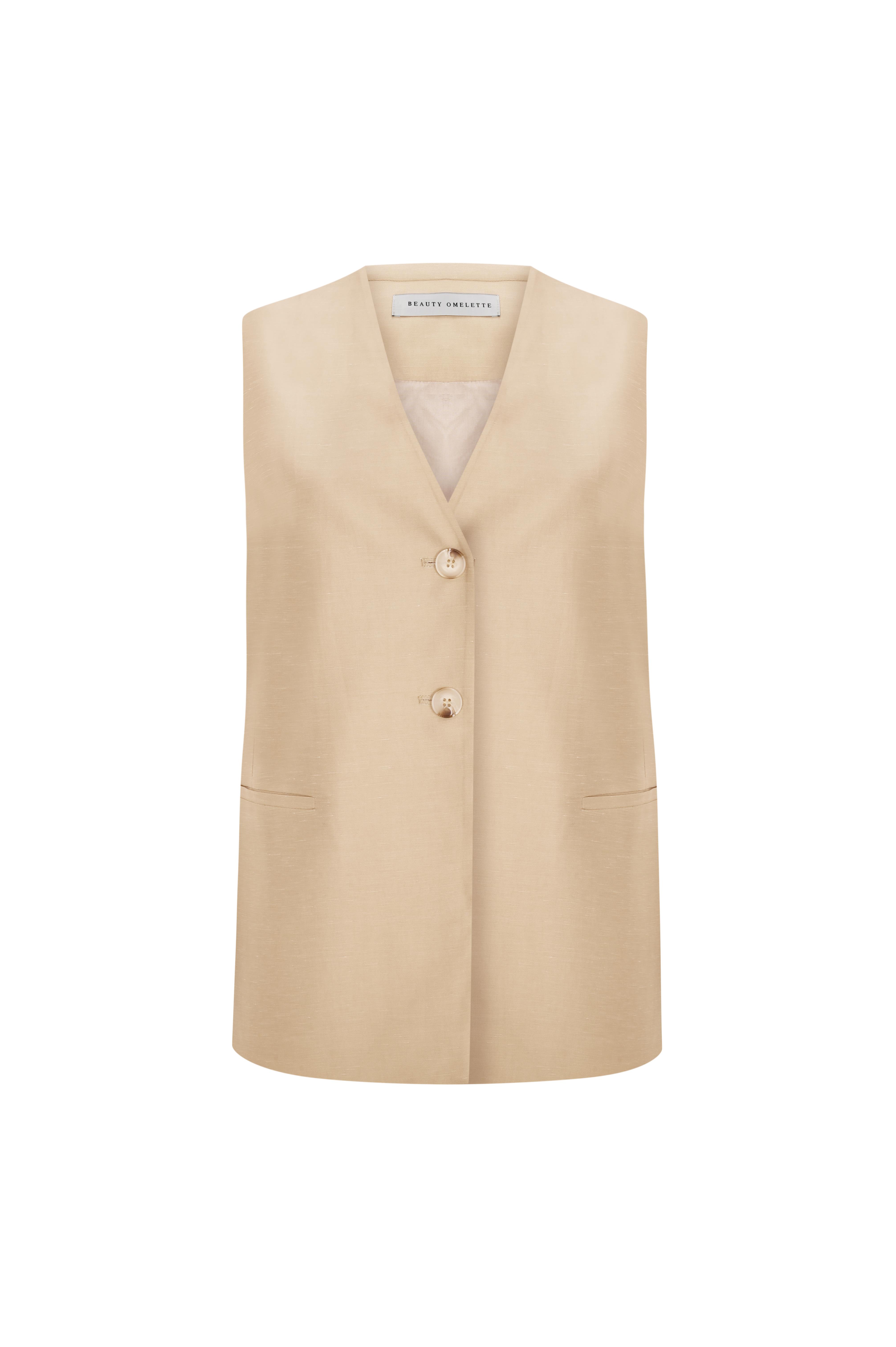 Bej Keten  V Yaka Yelek