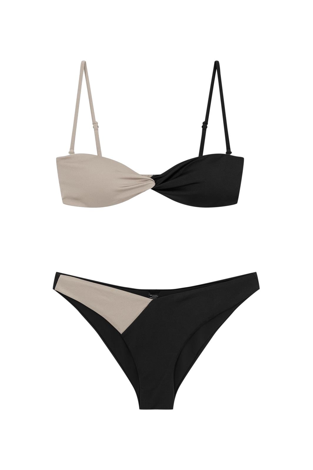 Bej/Siyah Kontrast Düğüm Detaylı Straplez Bikini