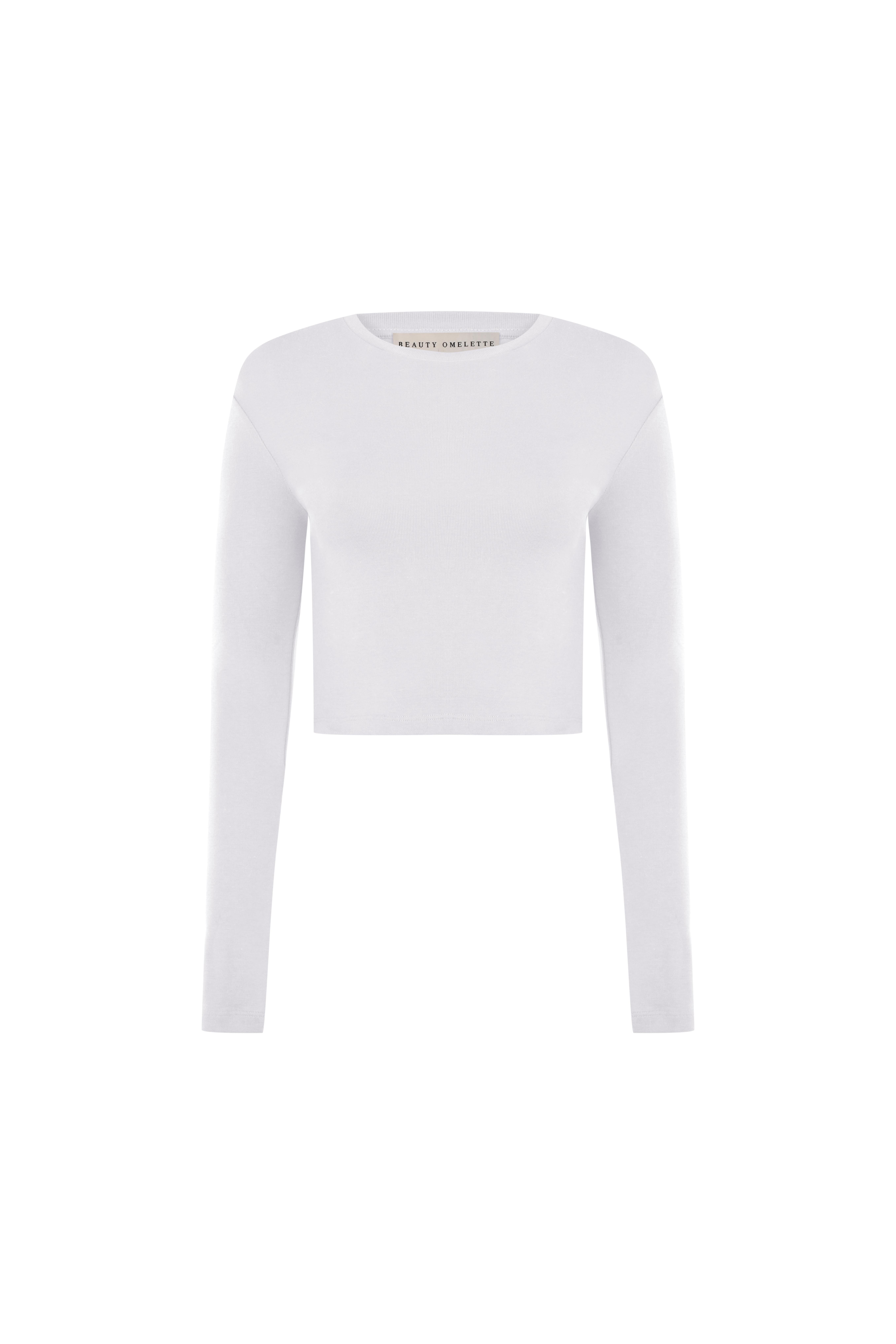 Beyaz Bisiklet Yaka Uzun Kol Crop Body