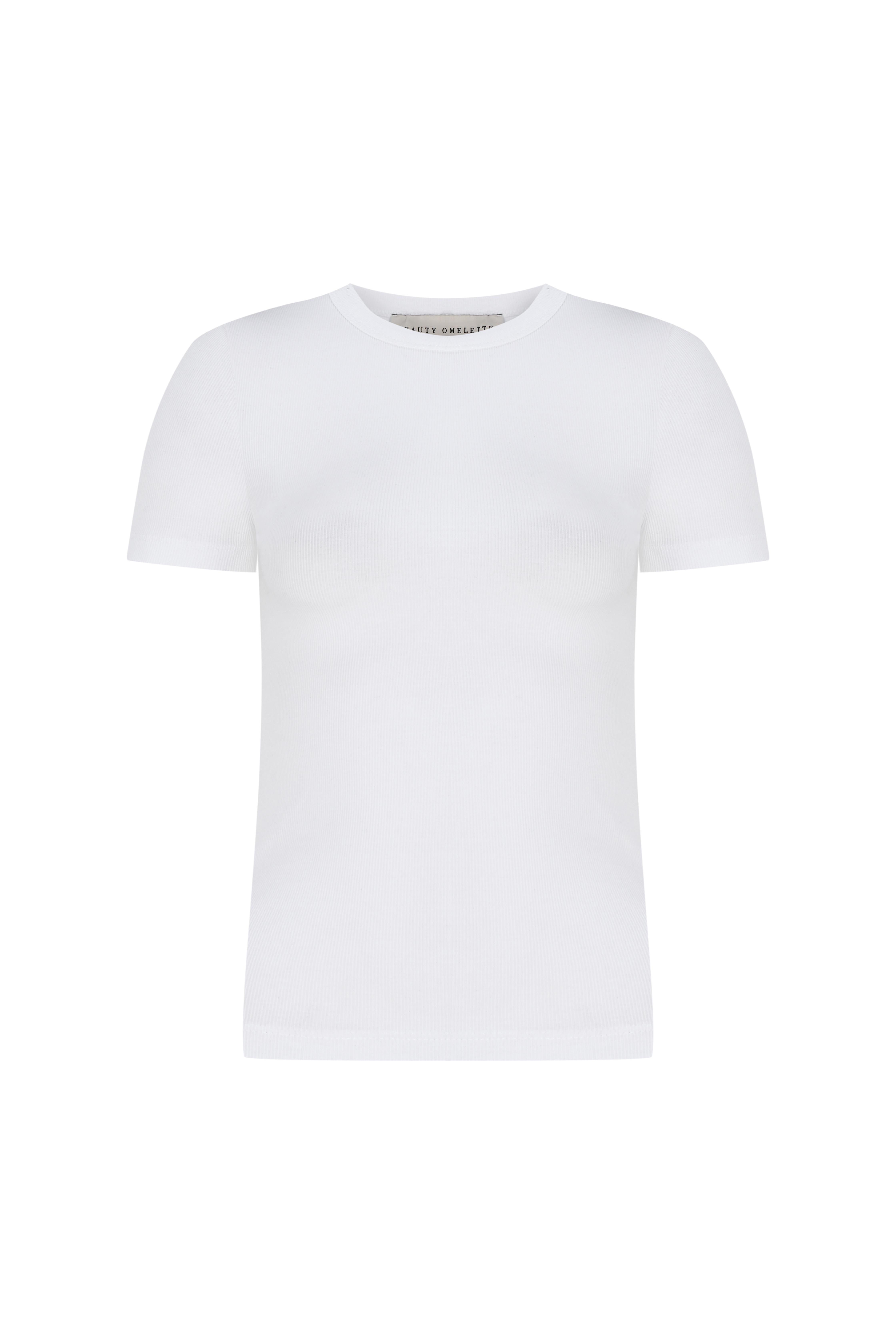 Beyaz Ribli Bisiklet Yaka Fitted Tshirt