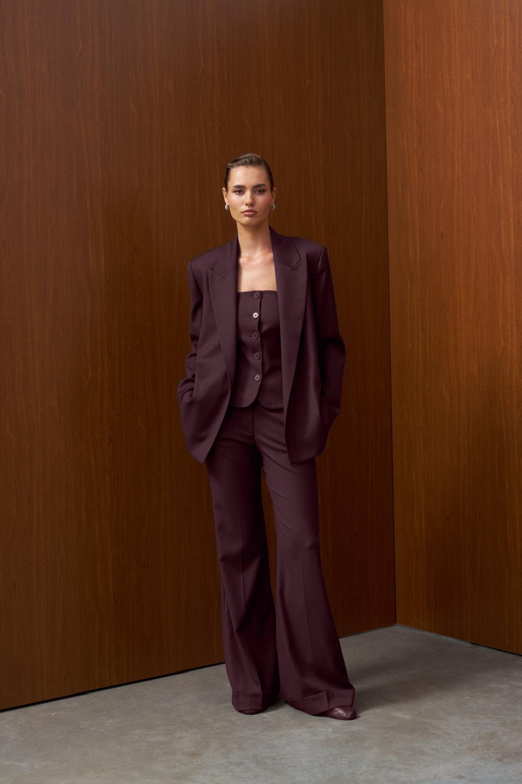 Bordo Balıksırtı Düz Kesim Yünlü Blazer Ceket