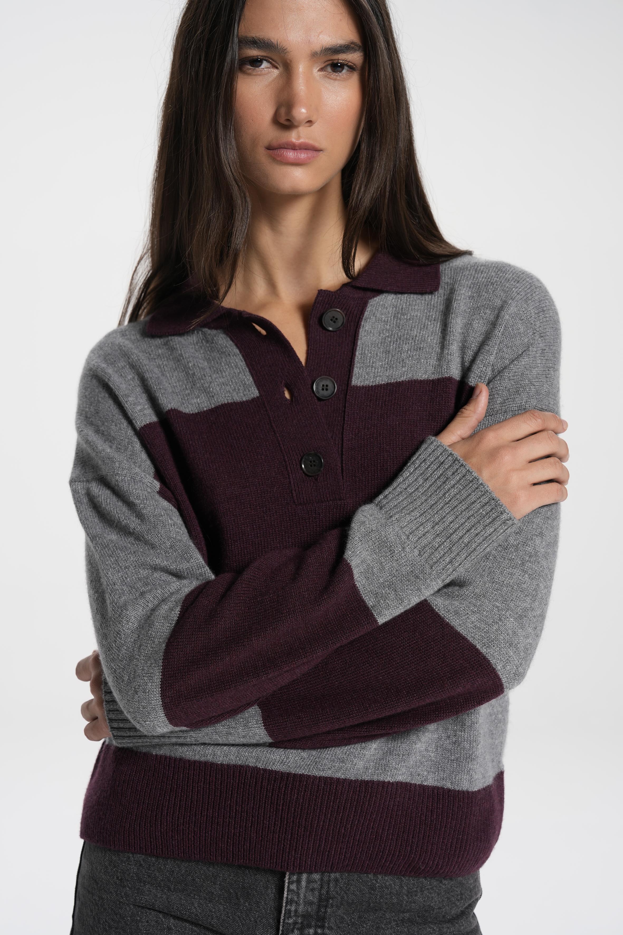 Bordo Çizgili Polo Yaka Kazak