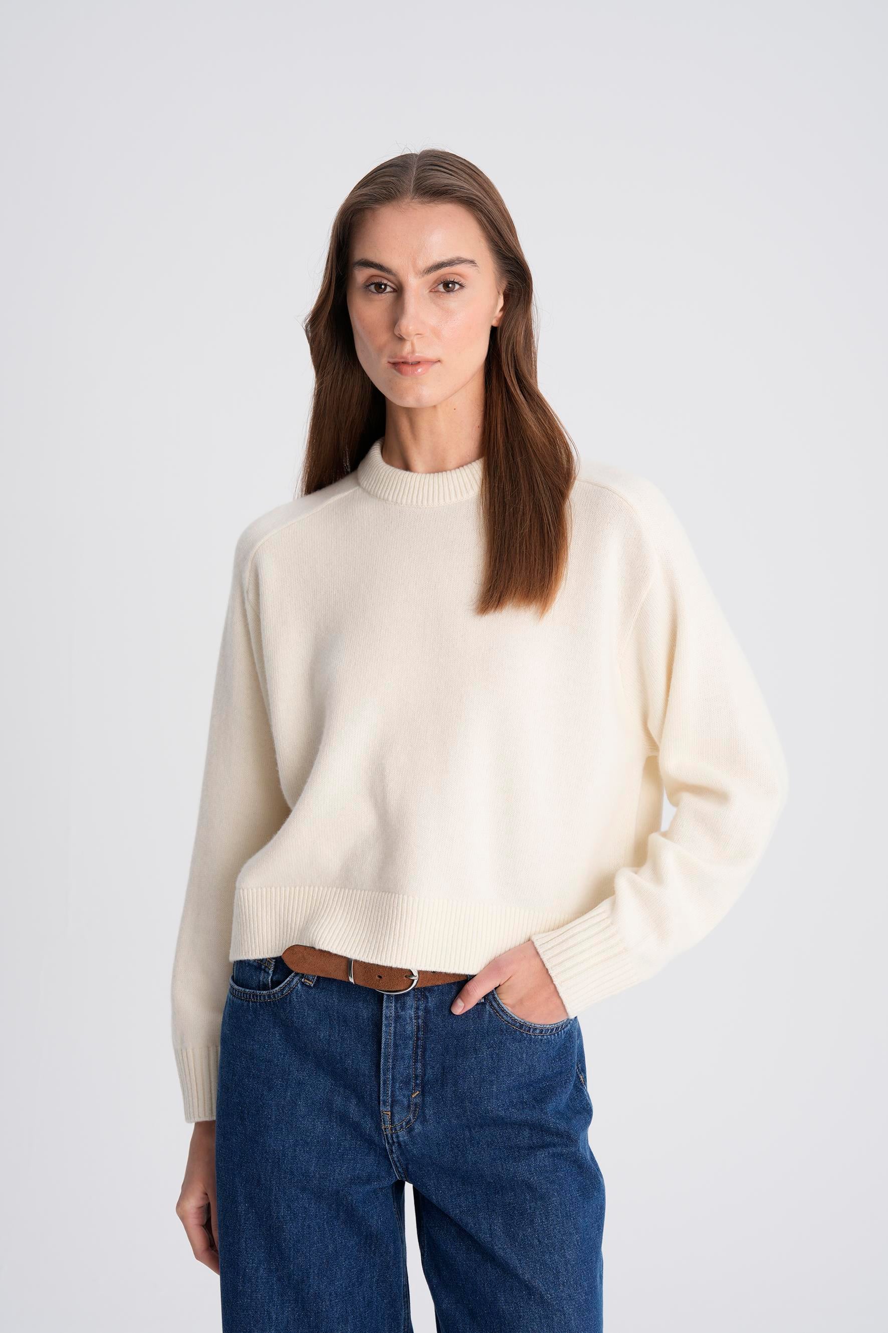 Ekru Bisiklet Yaka Kutu Form Kazak