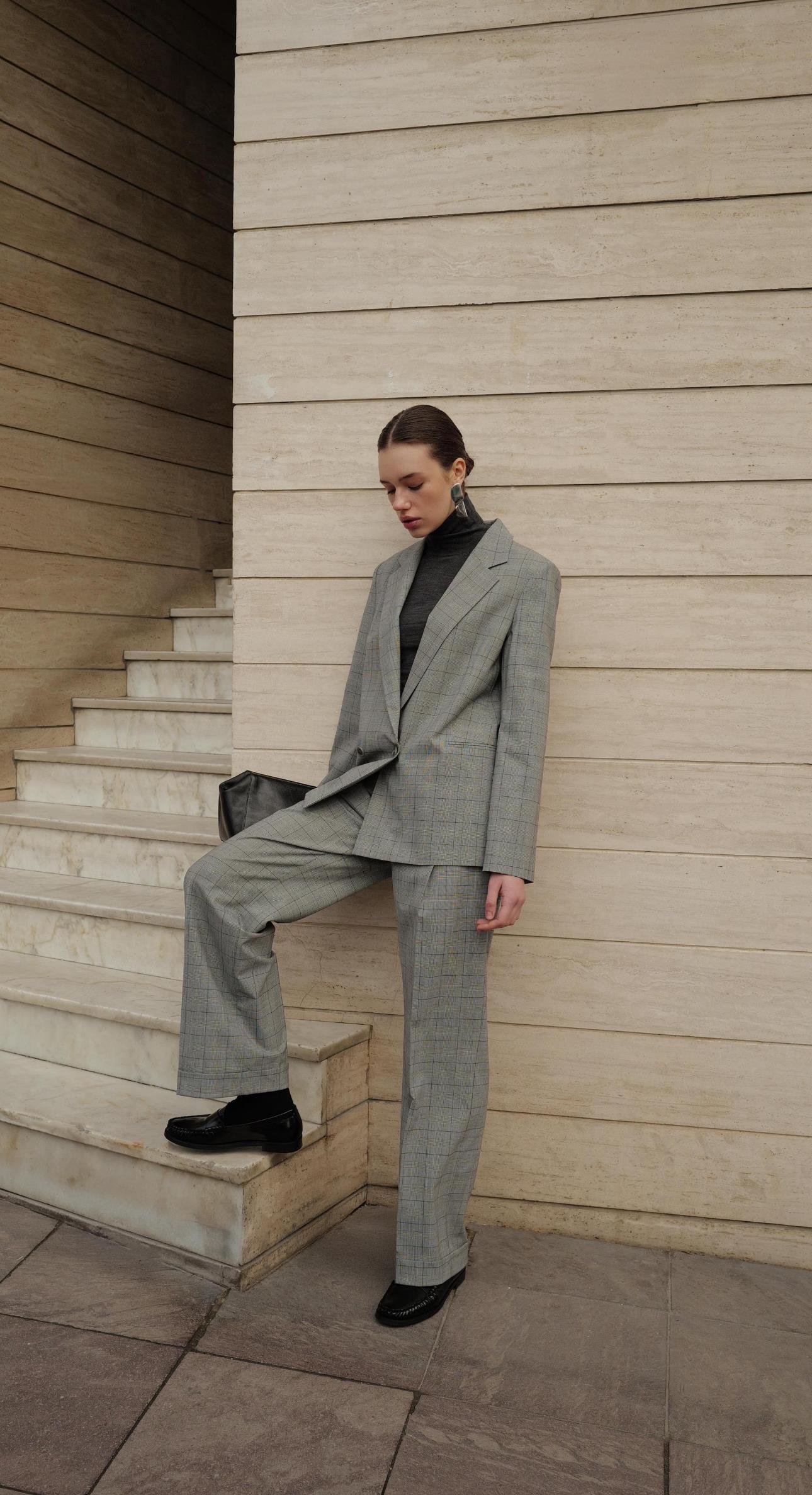 Gri Kareli Yünlü Blazer Ceket