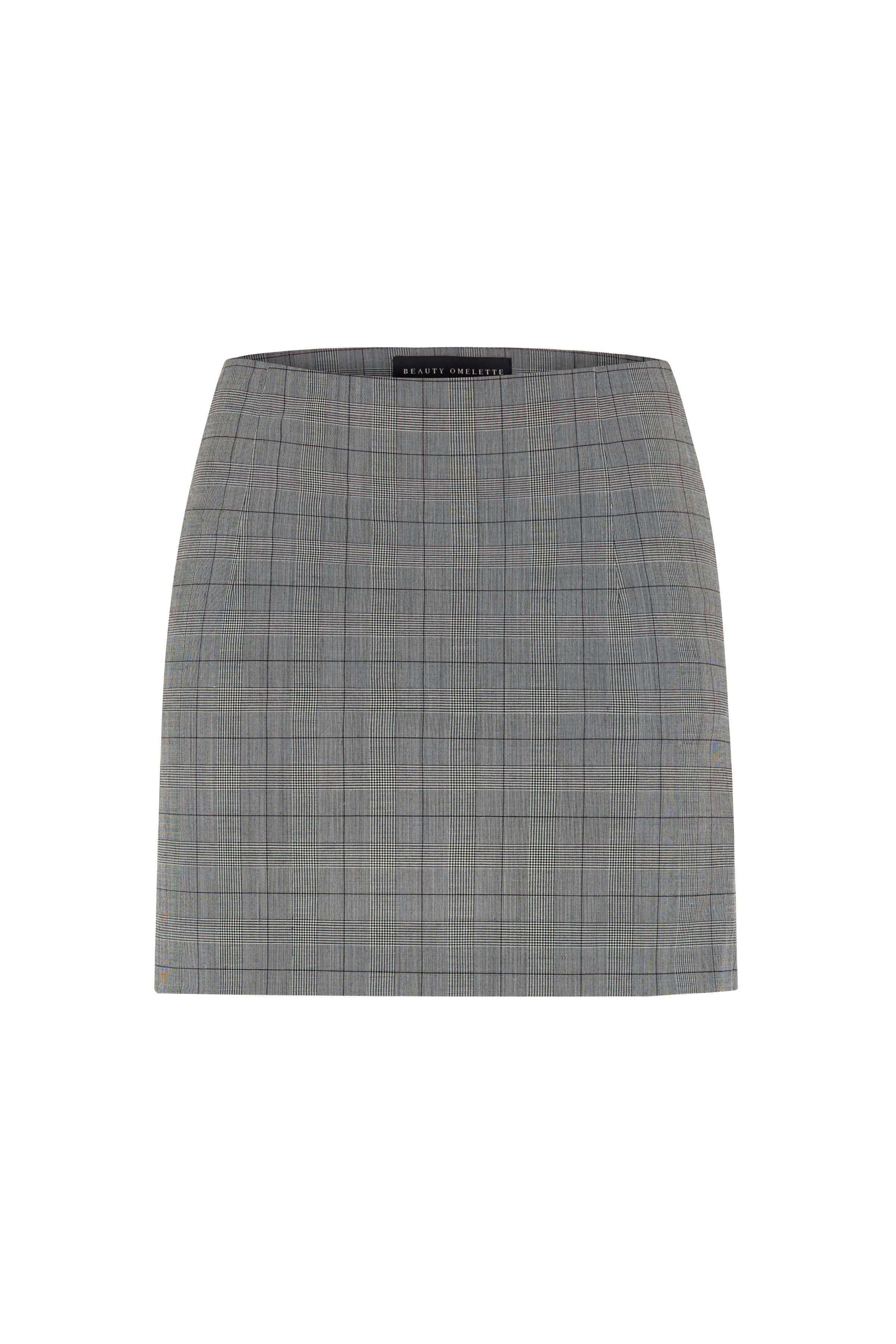 Gri Kareli Yünlü Mini Etek