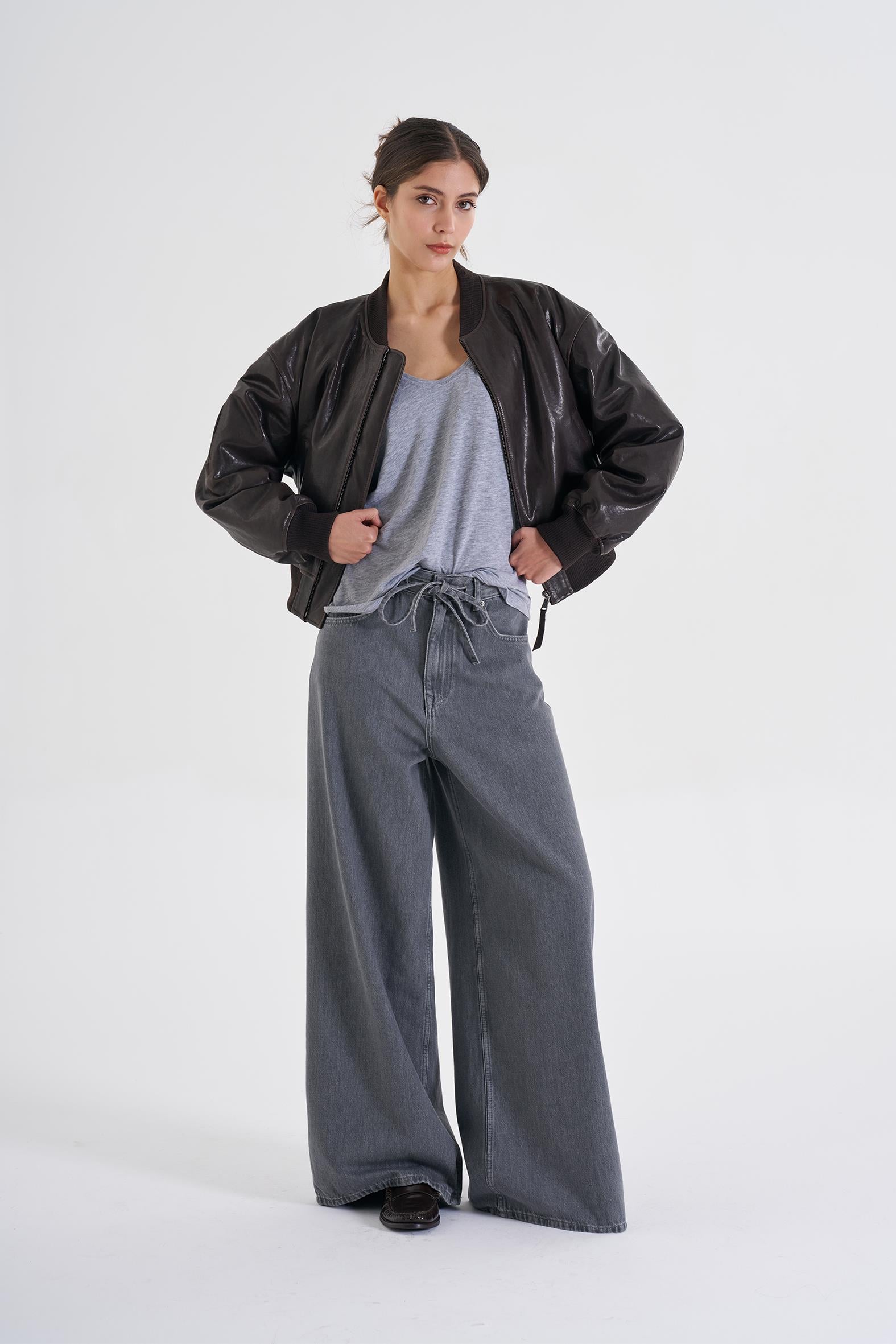 Gri Kordonlu Wide Leg Jean