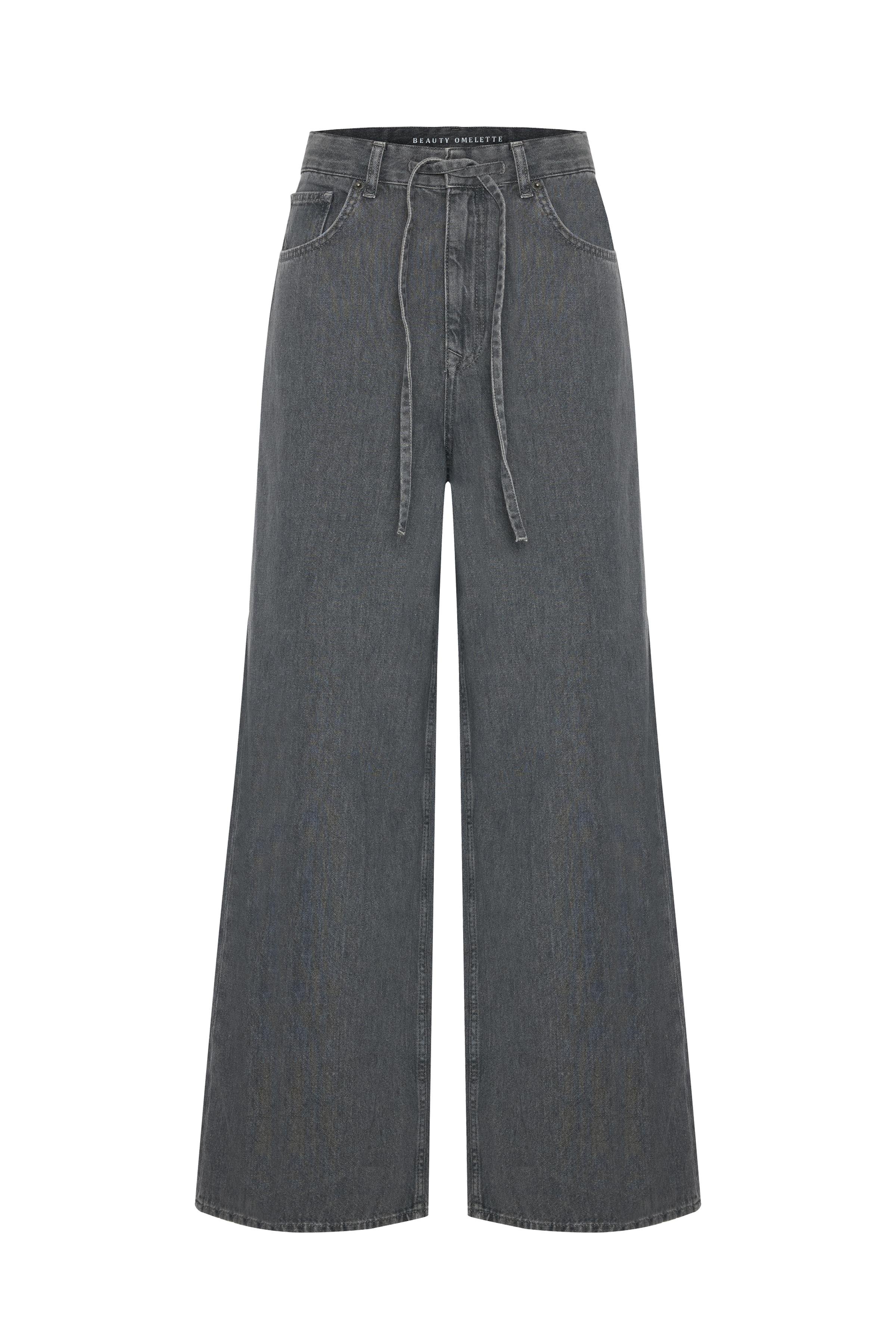 Gri Kordonlu Wide Leg Jean