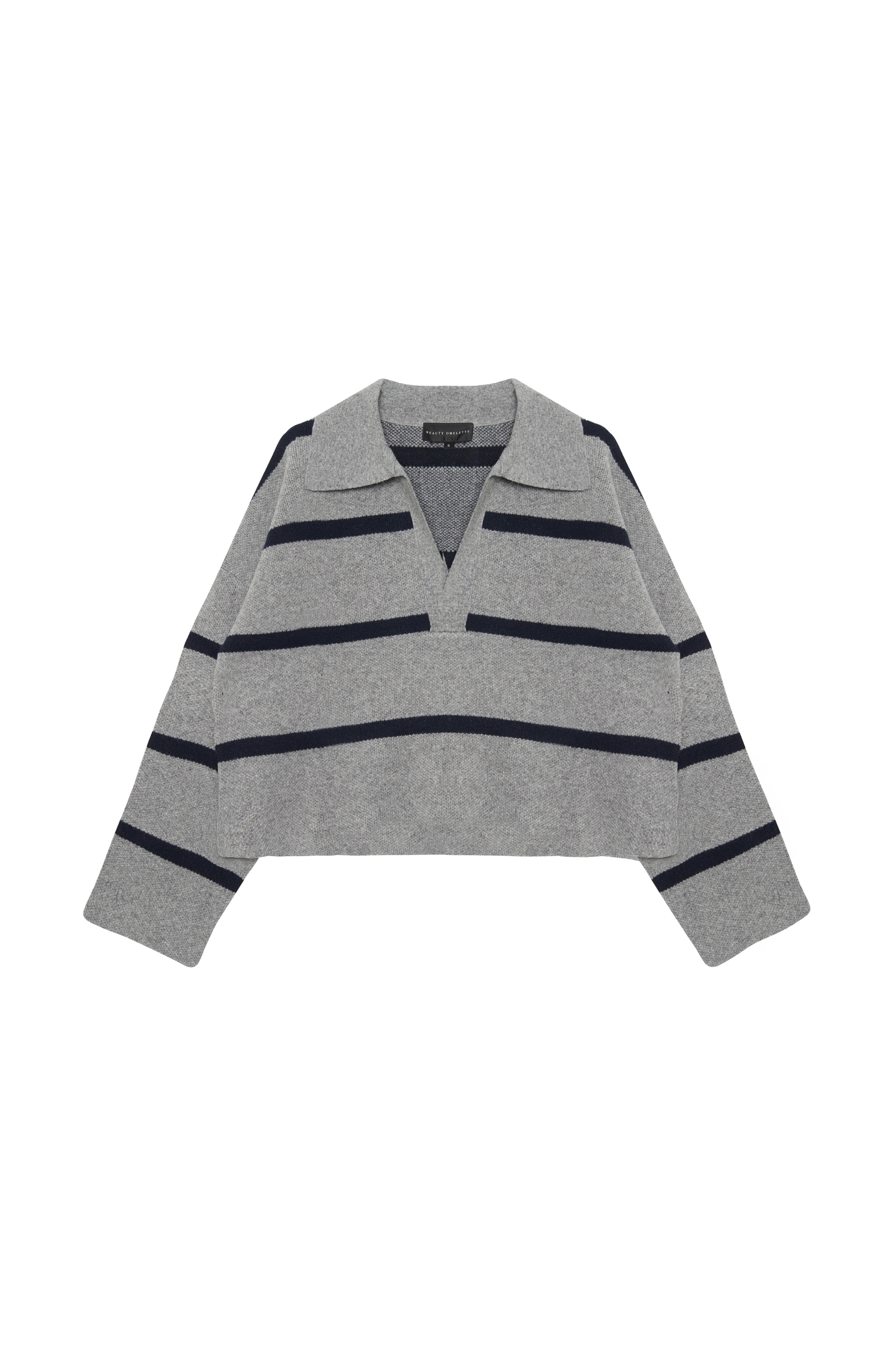 Gri Melanj Çizgili Polo Yün Crop Kazak