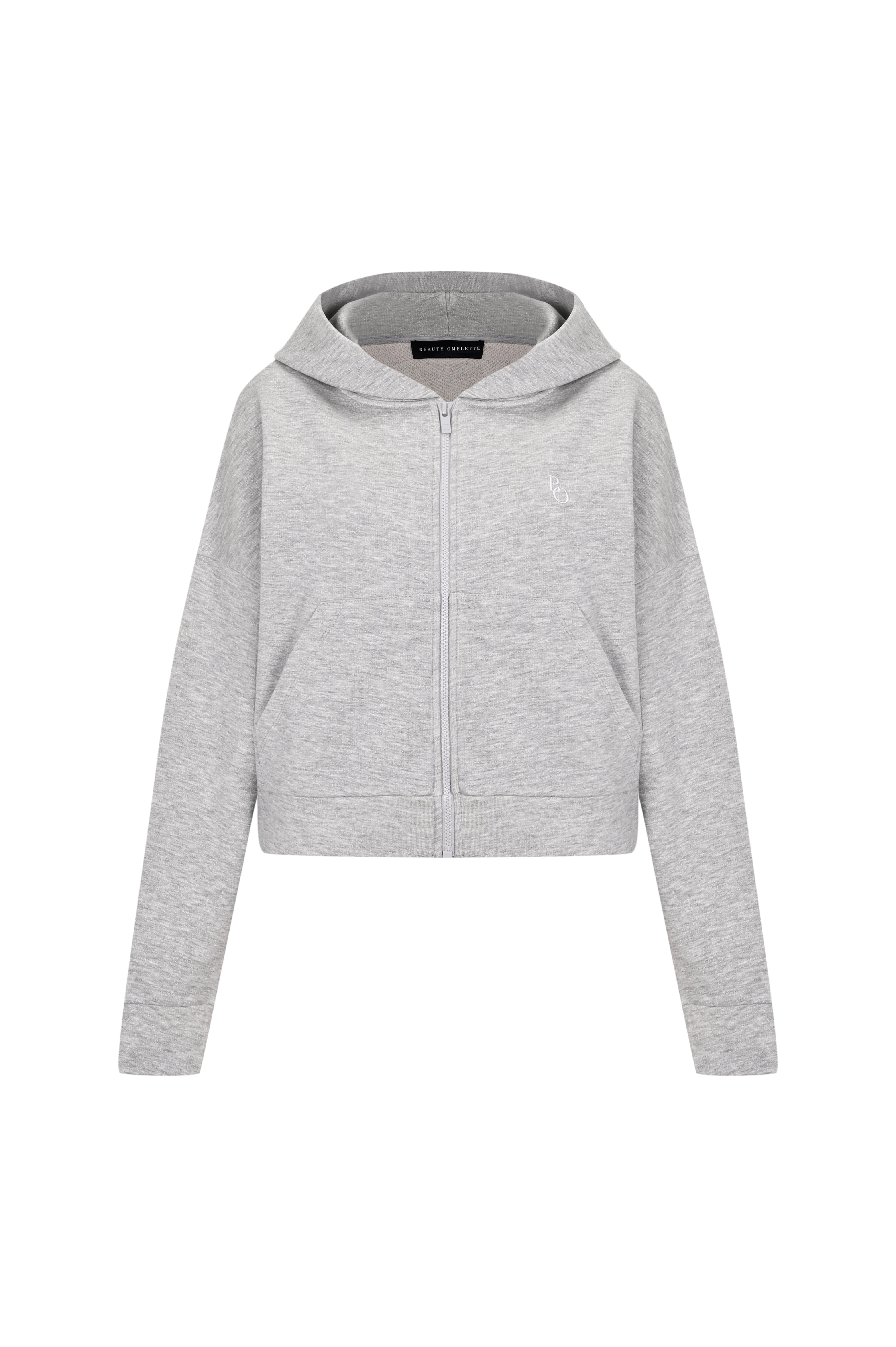 Gri Melanj Fermuarlı Kısa Hoodie