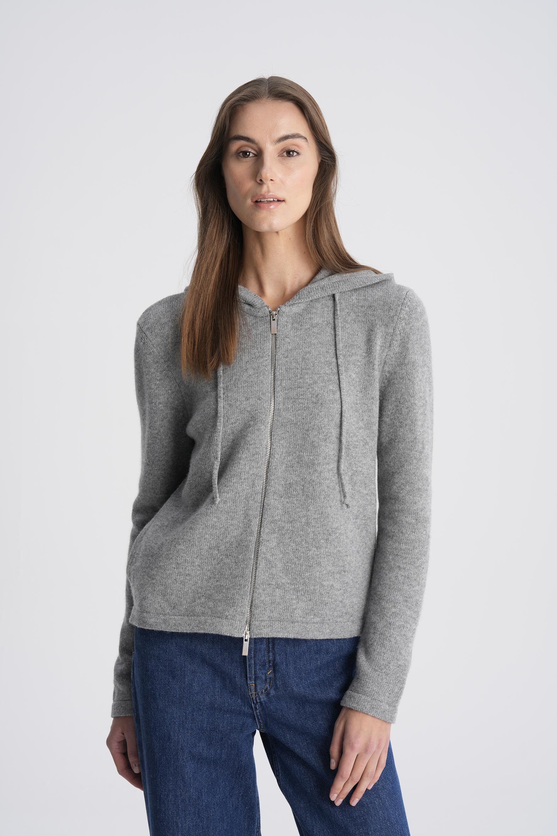 Gri Melanj Yünlü Fermaurlı Kapişonlu Hırka