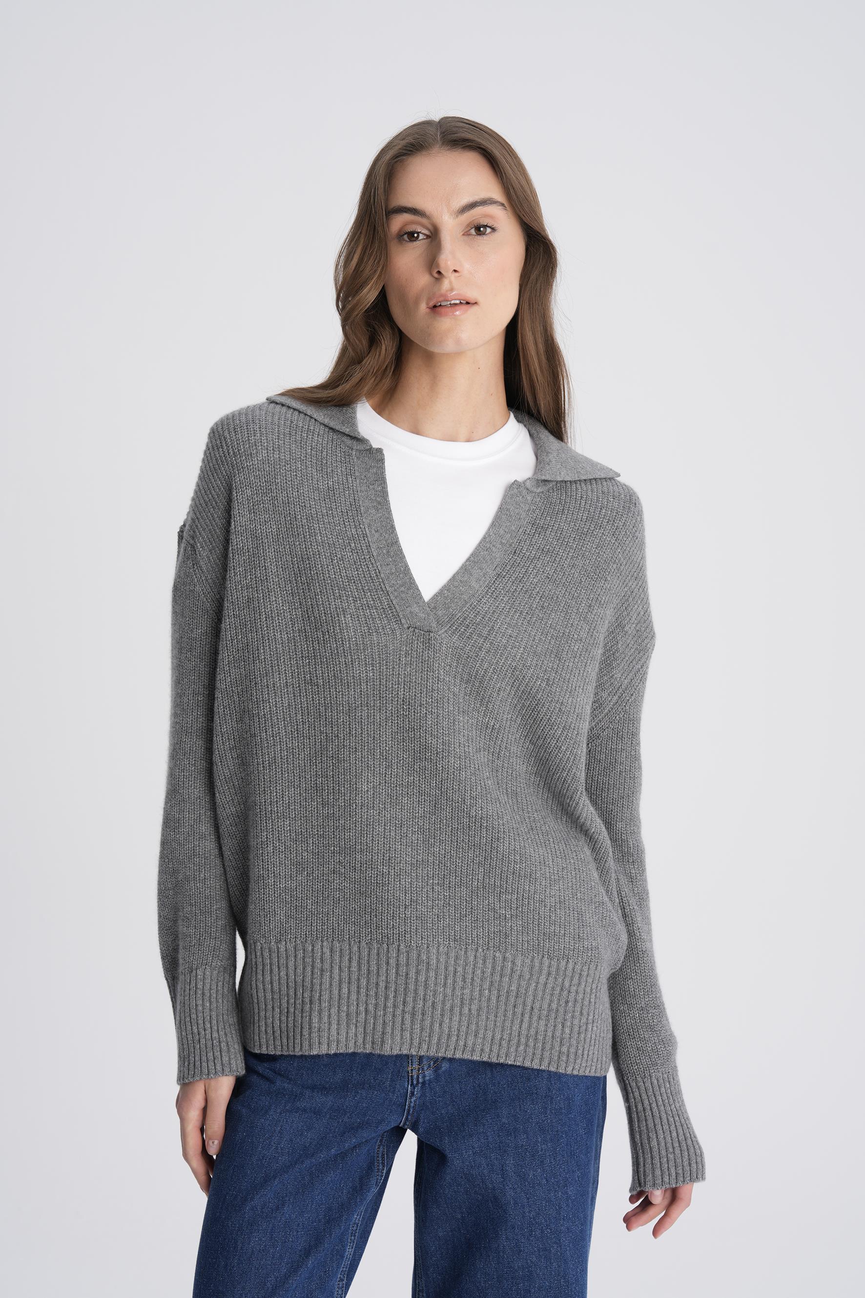 Gri Polo Yaka Ribli Yün Kazak