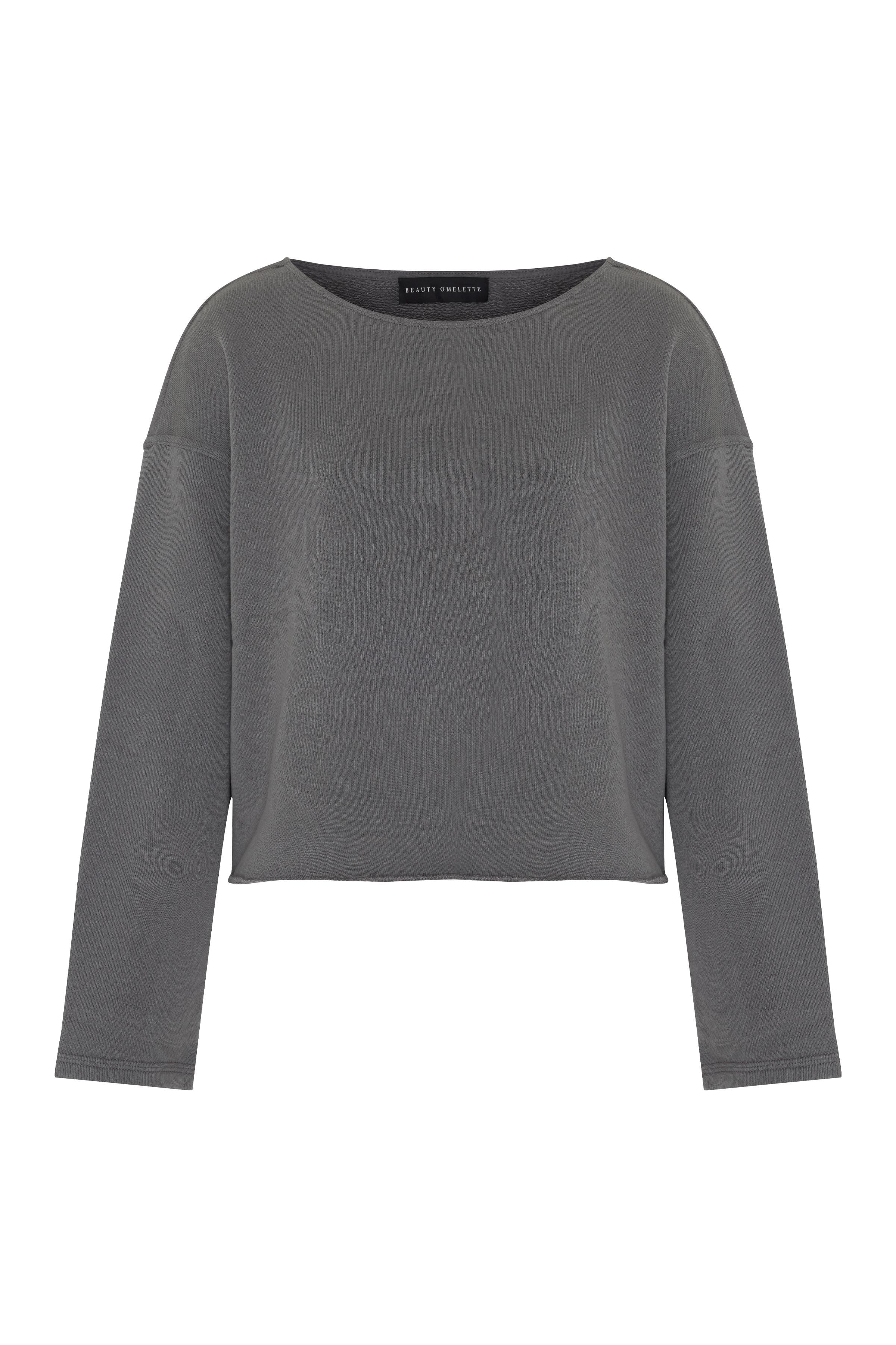 Gri Yıkamalı Kayık Yaka Oversize Sweatshirt