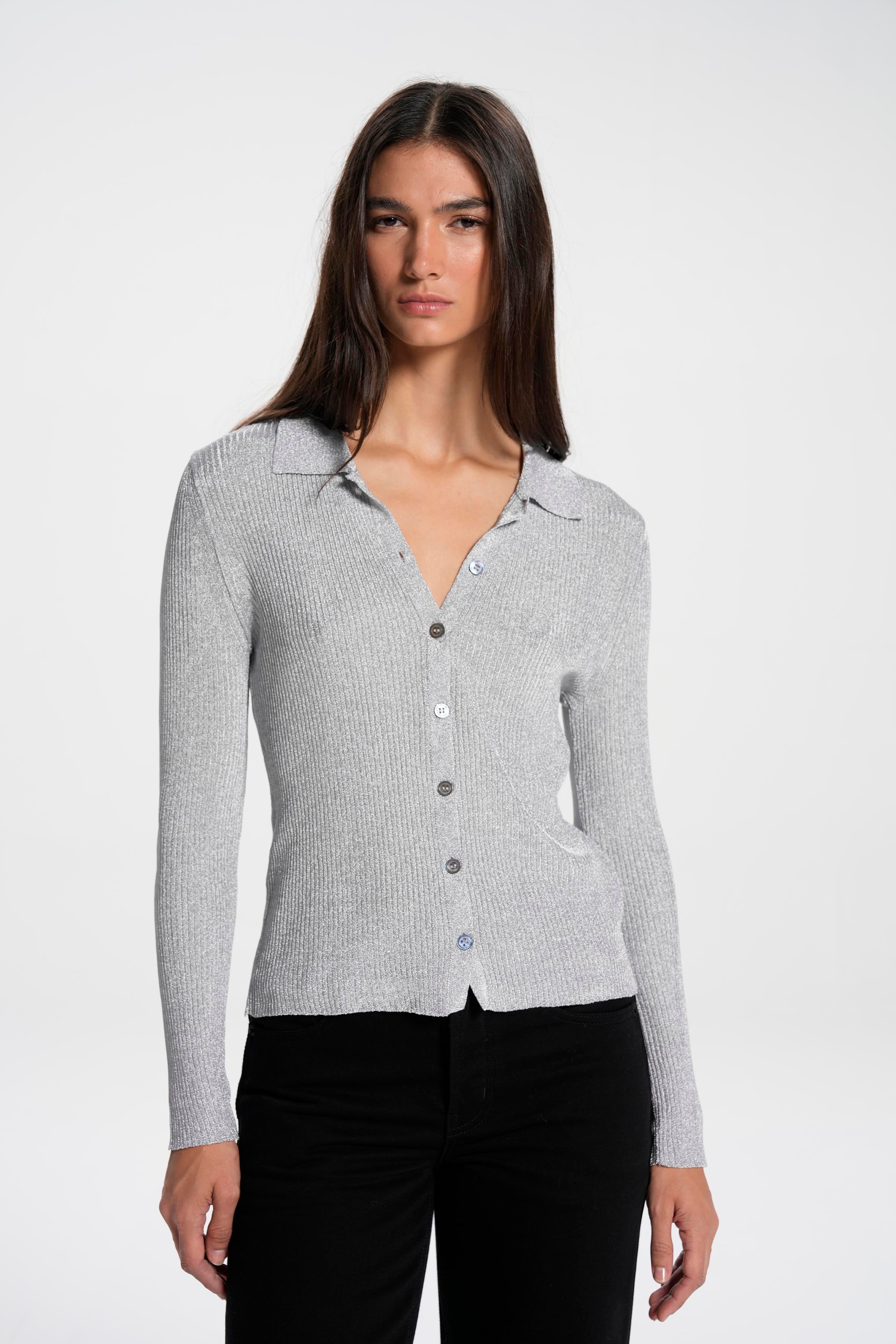 Gümüş Simli Polo Yaka Hırka