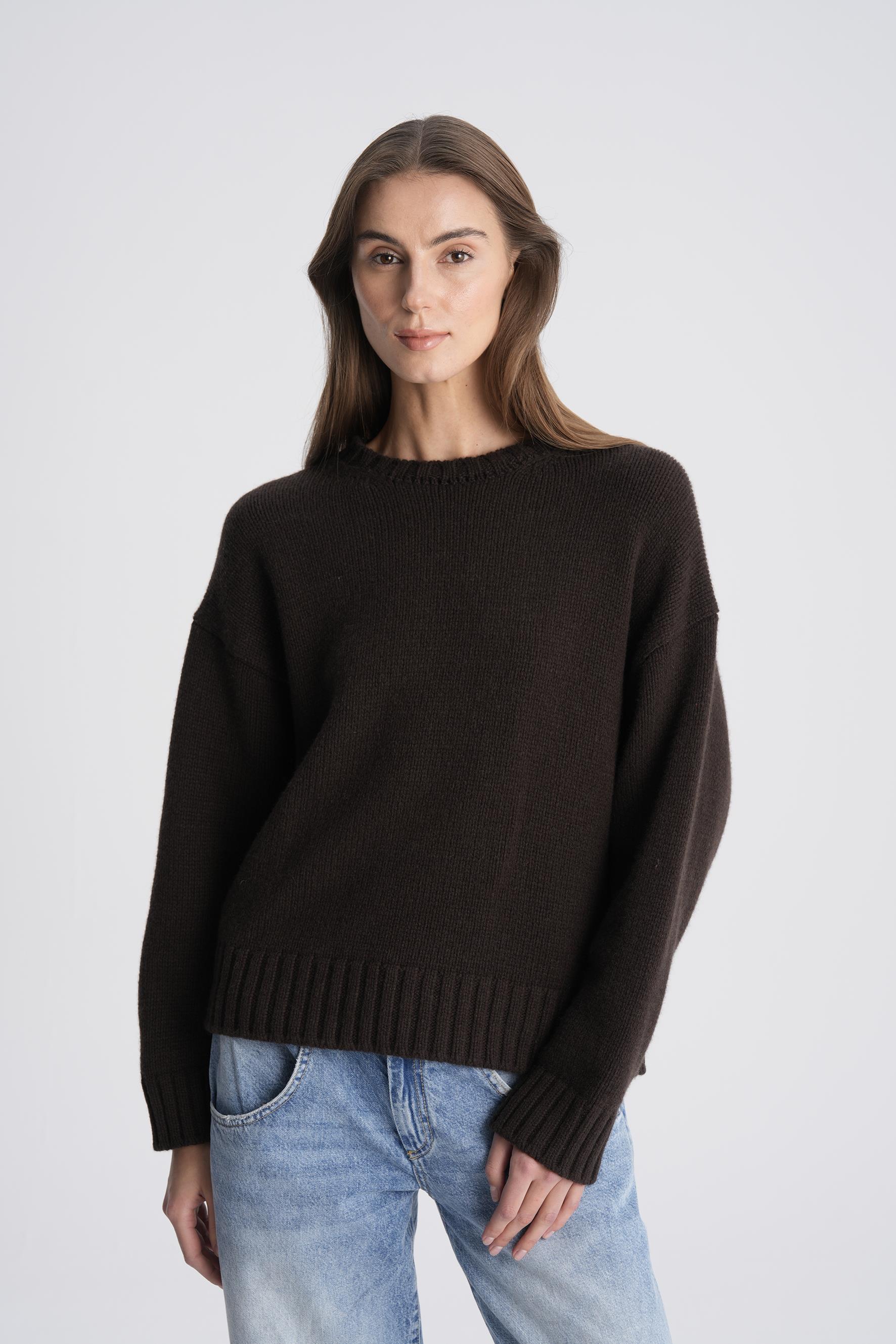 Kahverengi %100 Kaşmir Bisiklet Yaka Oversize Kazak