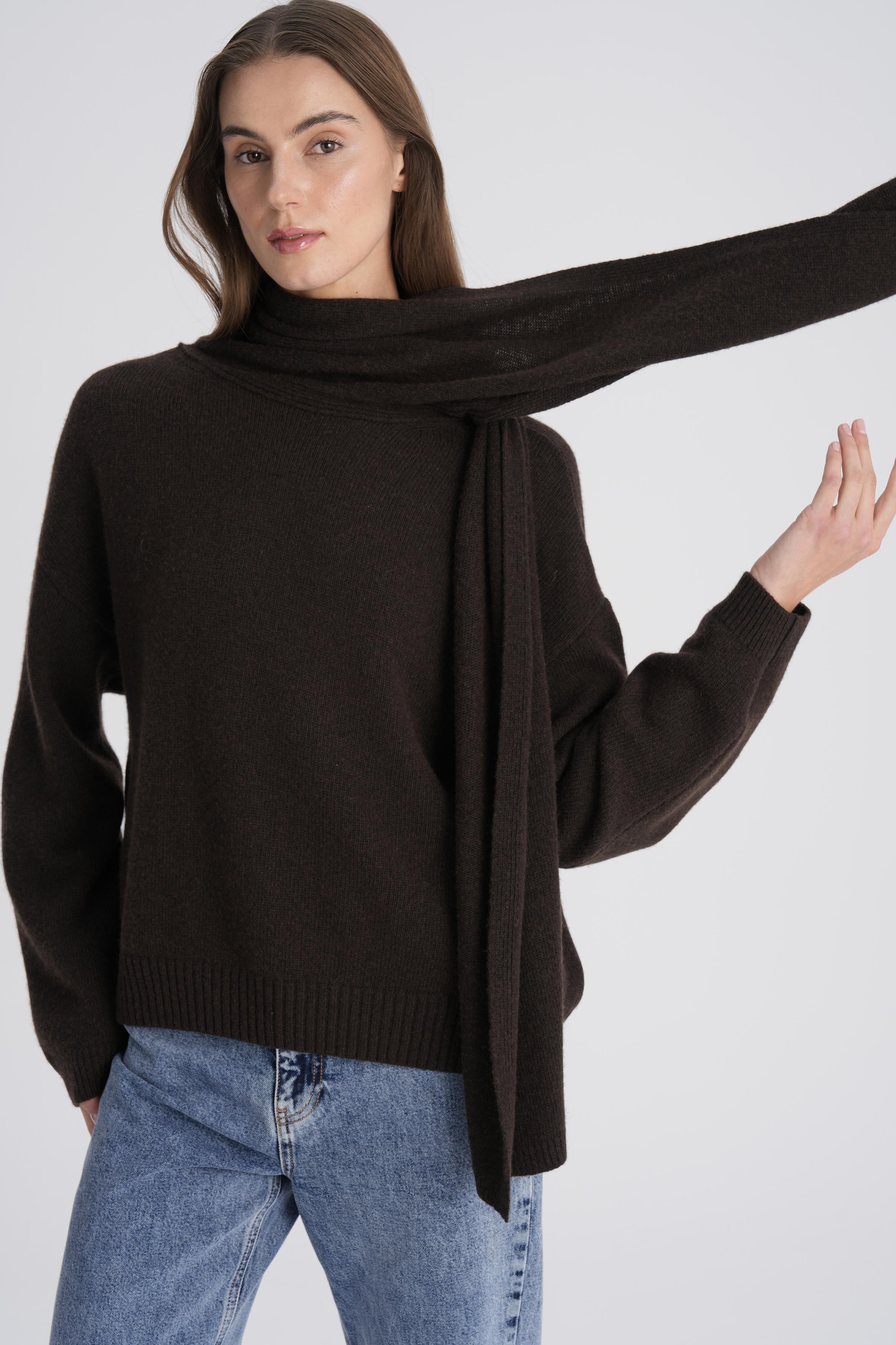 Kahverengi Atkı Yaka Yün Karışımlı Triko Kazak