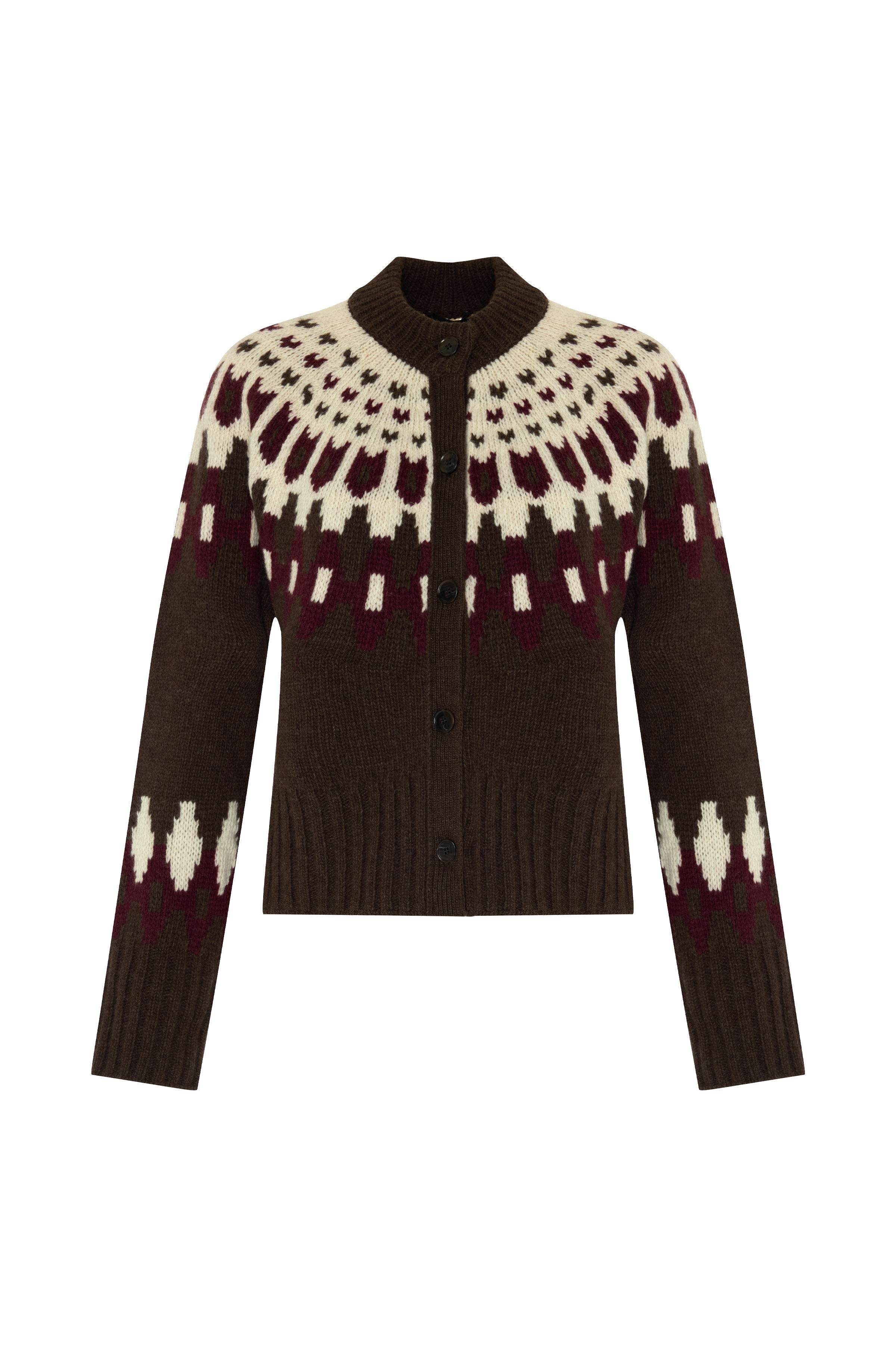 Kahverengi Bisiklet Yaka Düğmeli Jakarlı Yün Hırka