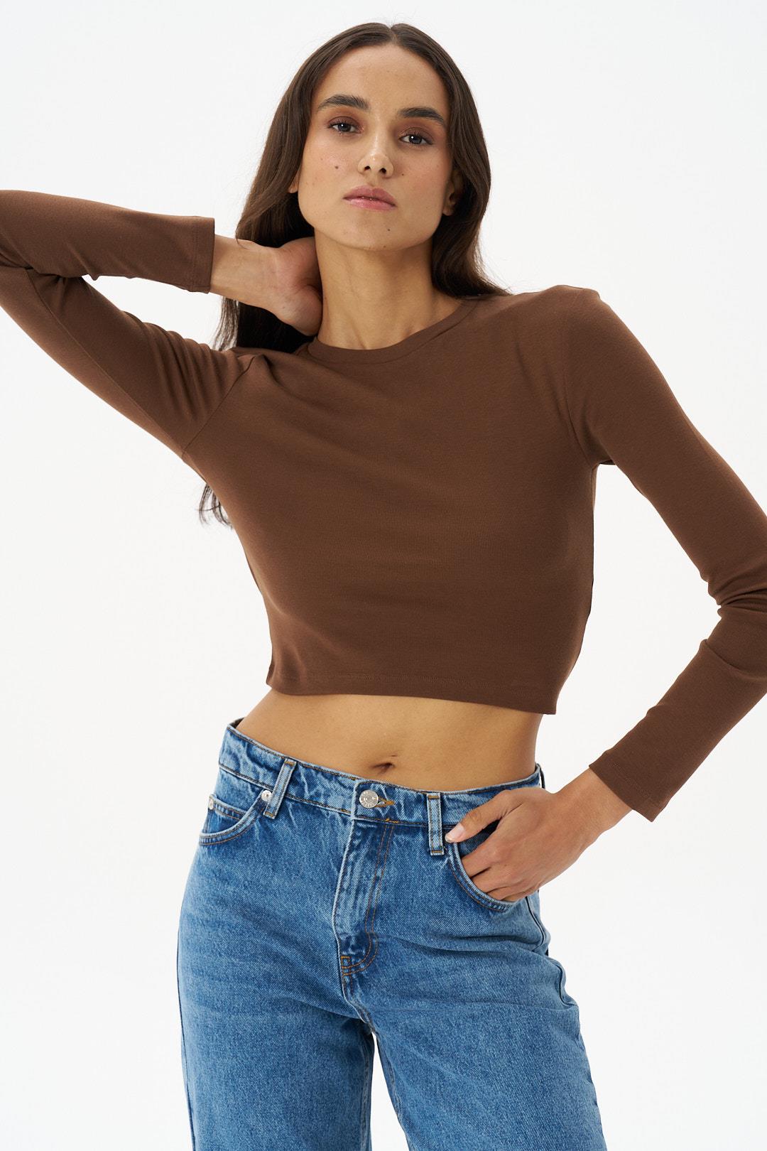 Kahverengi Bisiklet Yaka Uzun Kol Crop Body