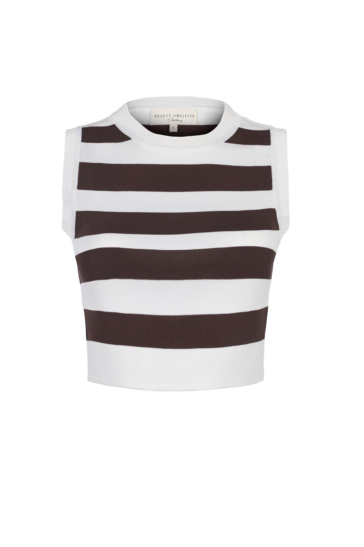 Kahverengi Çizgili Kolsuz Triko Crop Top
