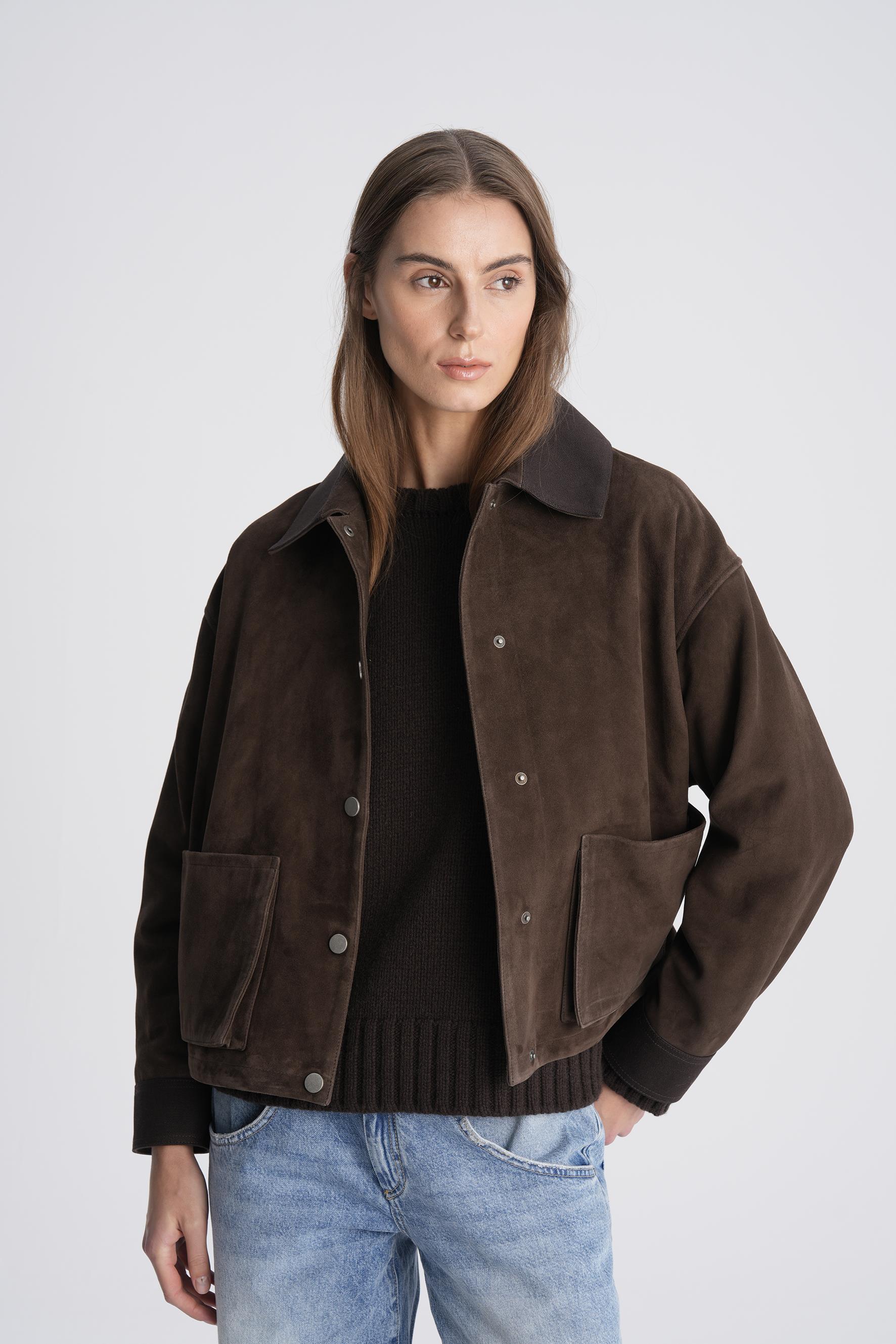 Kahverengi Kanvas Detaylı Kısa Süet Ceket