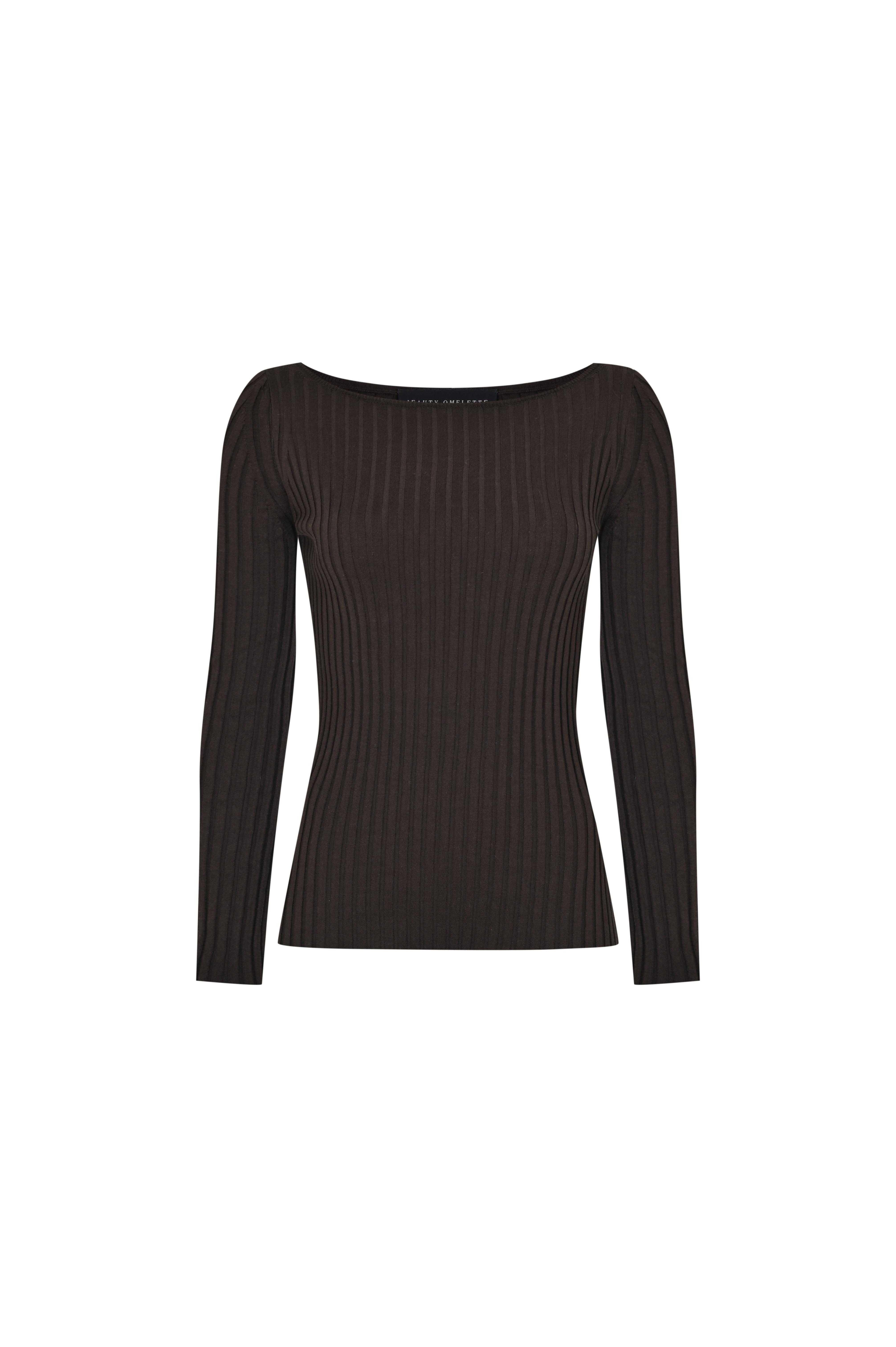 Kahverengi Kayık Yaka Ribli Triko Kazak