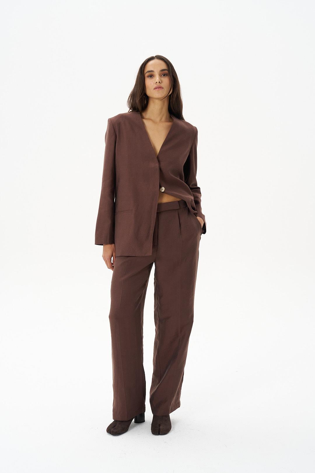 Kahverengi Keten Straight Fit Pantolon