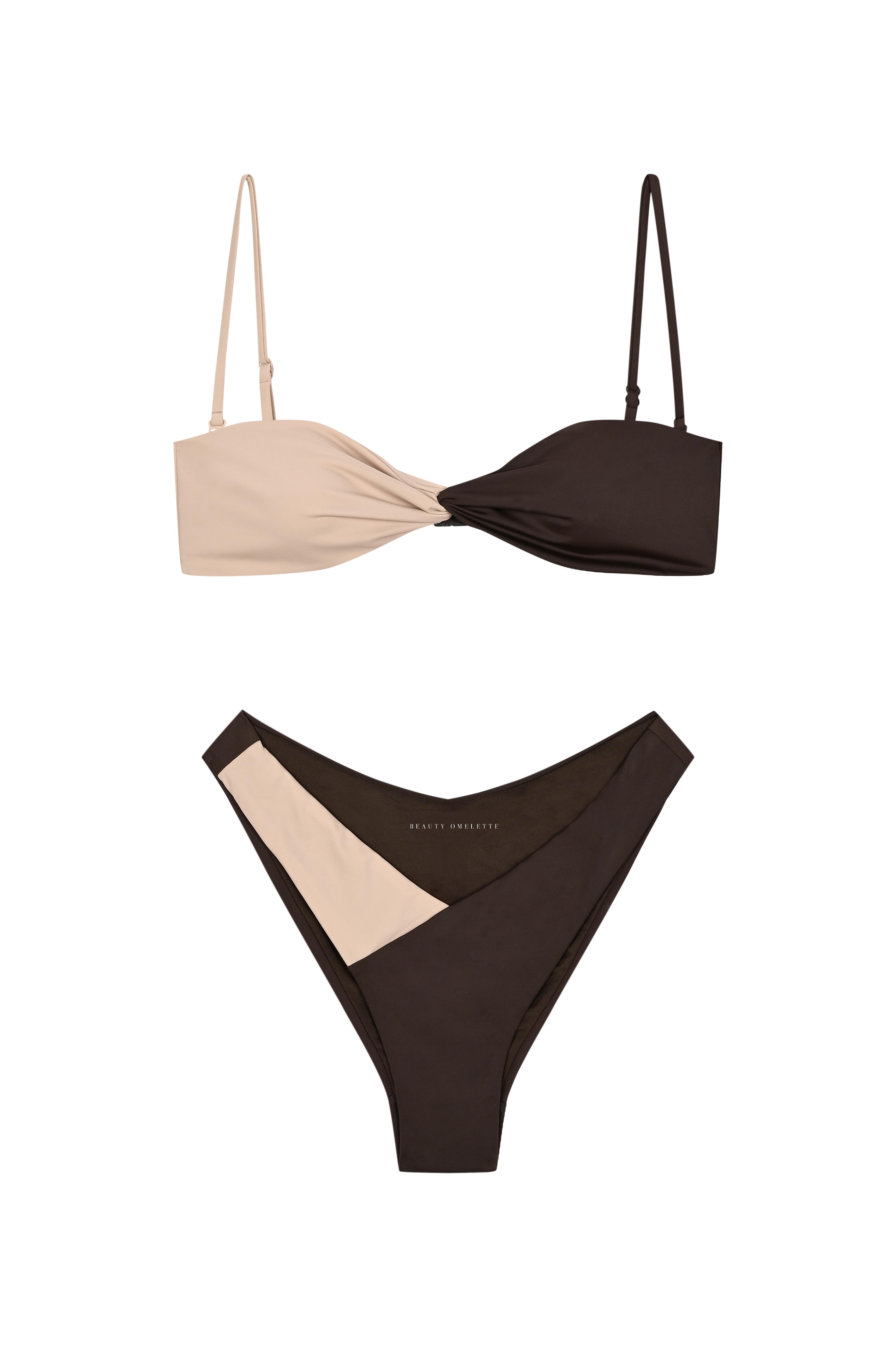 Kahverengi Kontrast Düğüm Detaylı Straplez Bikini