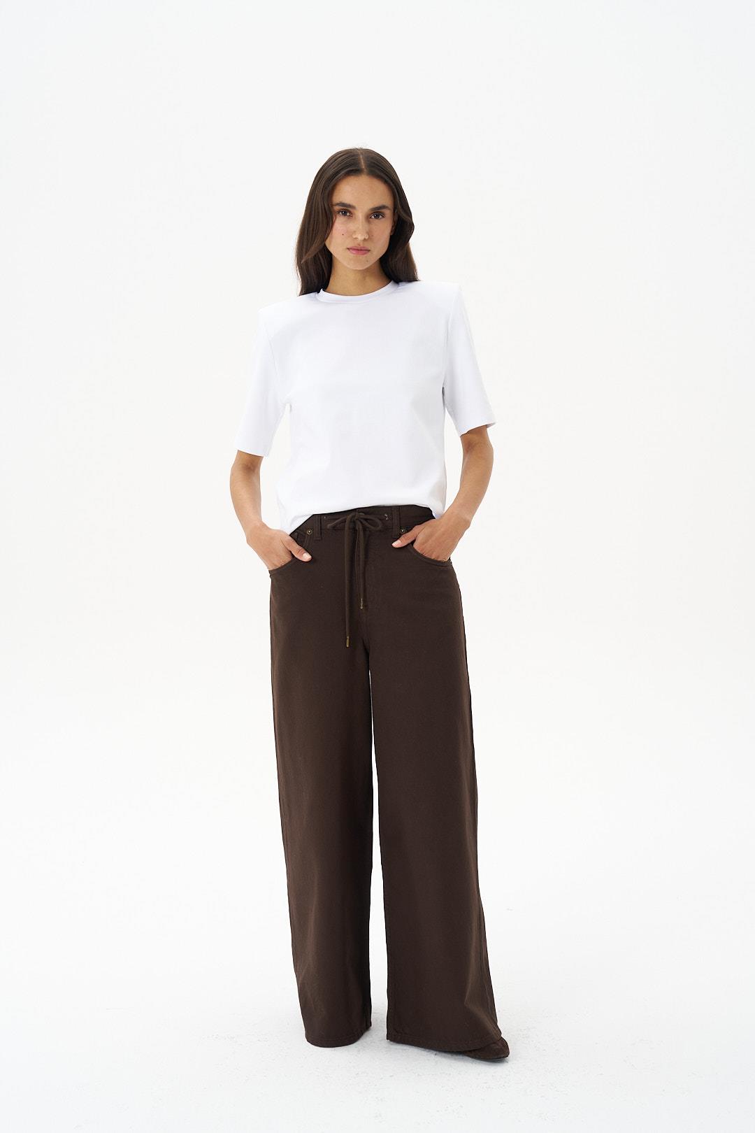 Kahverengi Kordonlu Wide Leg Jean